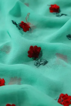 1 Meter Cut Piece Of Red And Green Thread Small Floral Embroidery On Sea Green Georgette Fabric
