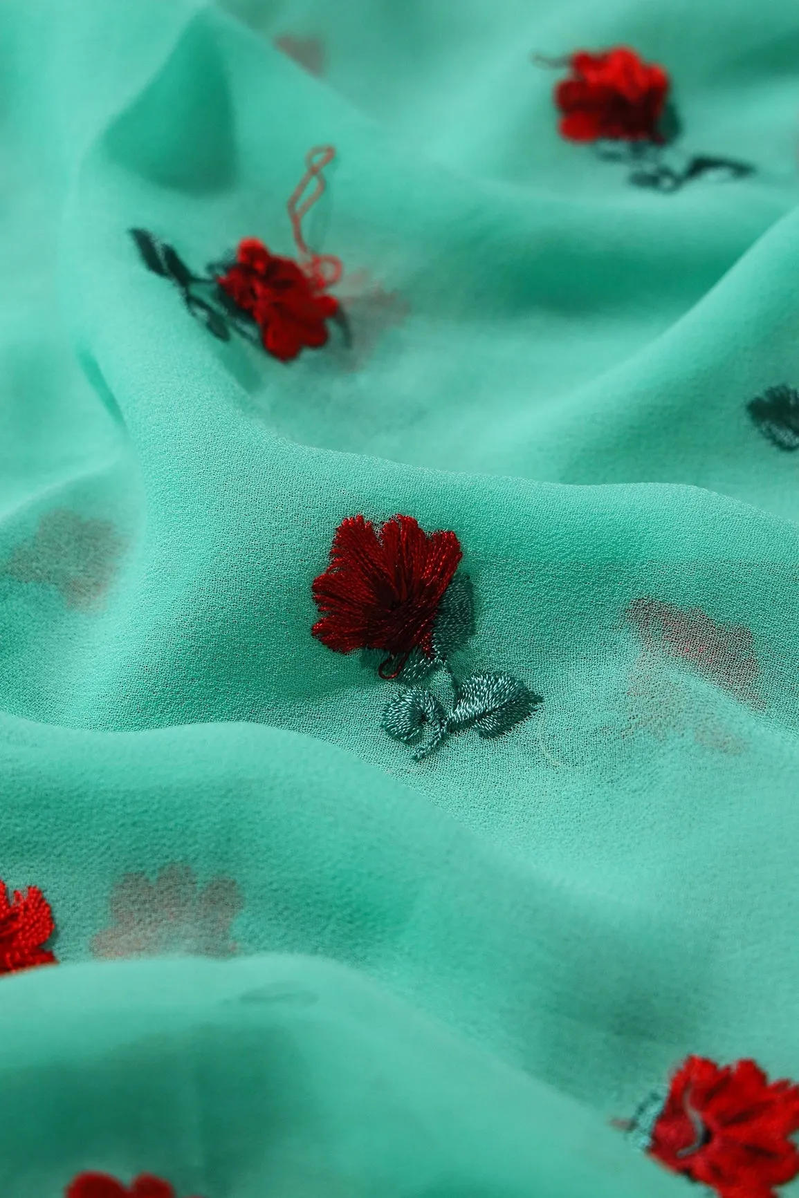 1 Meter Cut Piece Of Red And Green Thread Small Floral Embroidery On Sea Green Georgette Fabric