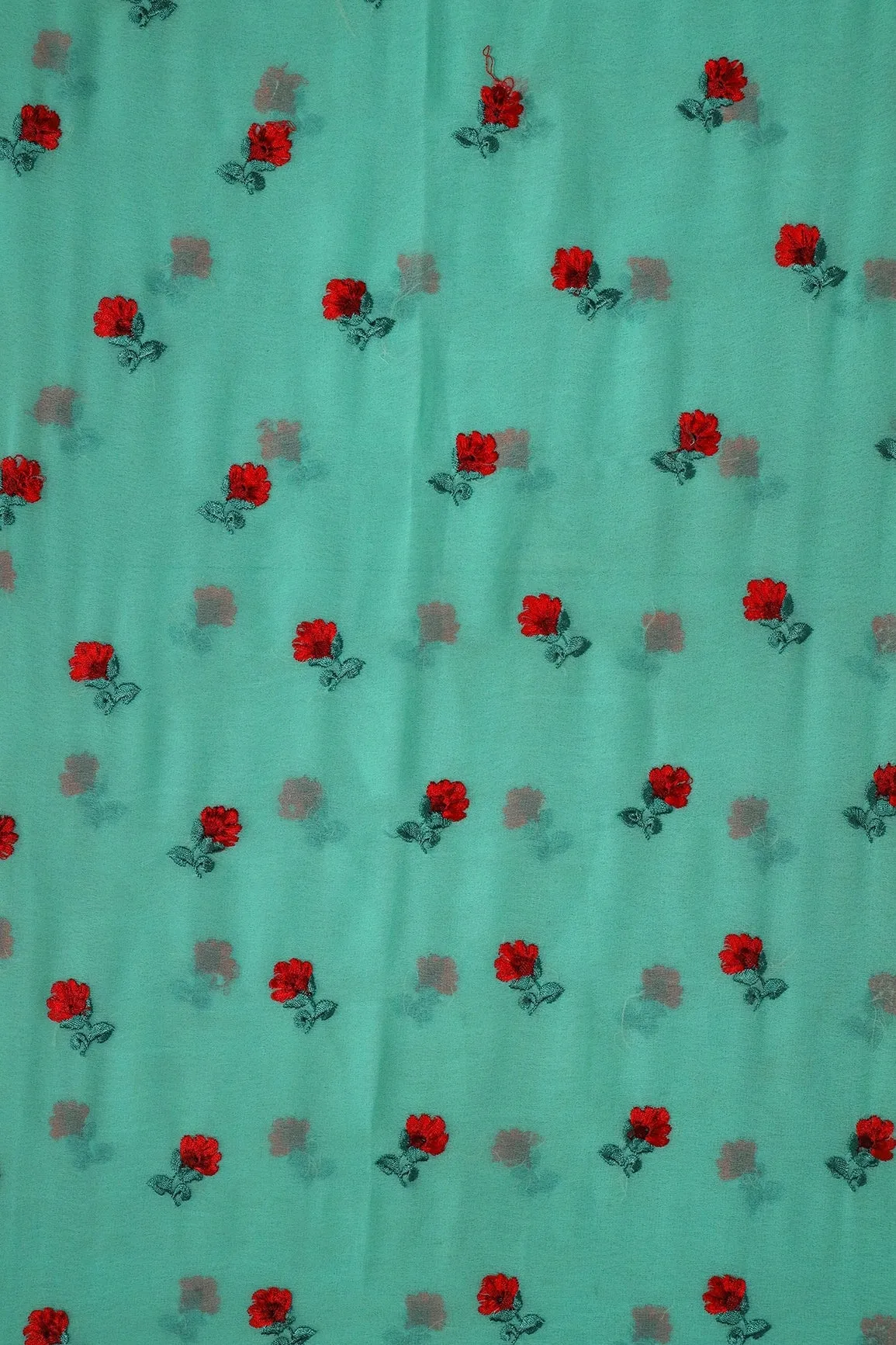 1 Meter Cut Piece Of Red And Green Thread Small Floral Embroidery On Sea Green Georgette Fabric