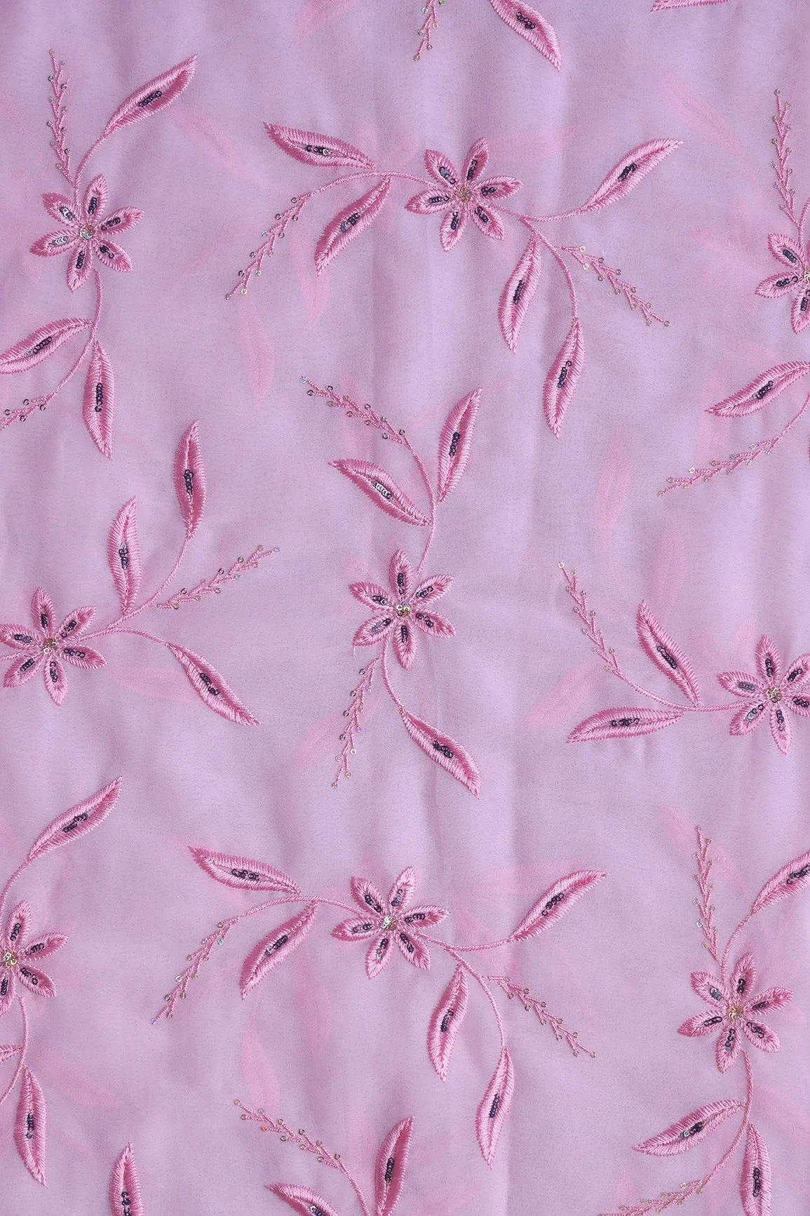 1.75 Meter Cut Piece Of Pink Thread With Sequins Floral Embroidery On Pink Georgette Fabric
