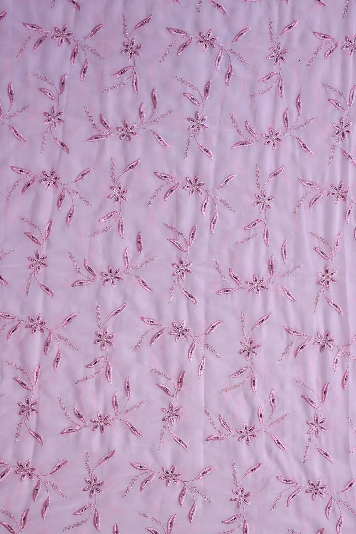 1.75 Meter Cut Piece Of Pink Thread With Sequins Floral Embroidery On Pink Georgette Fabric