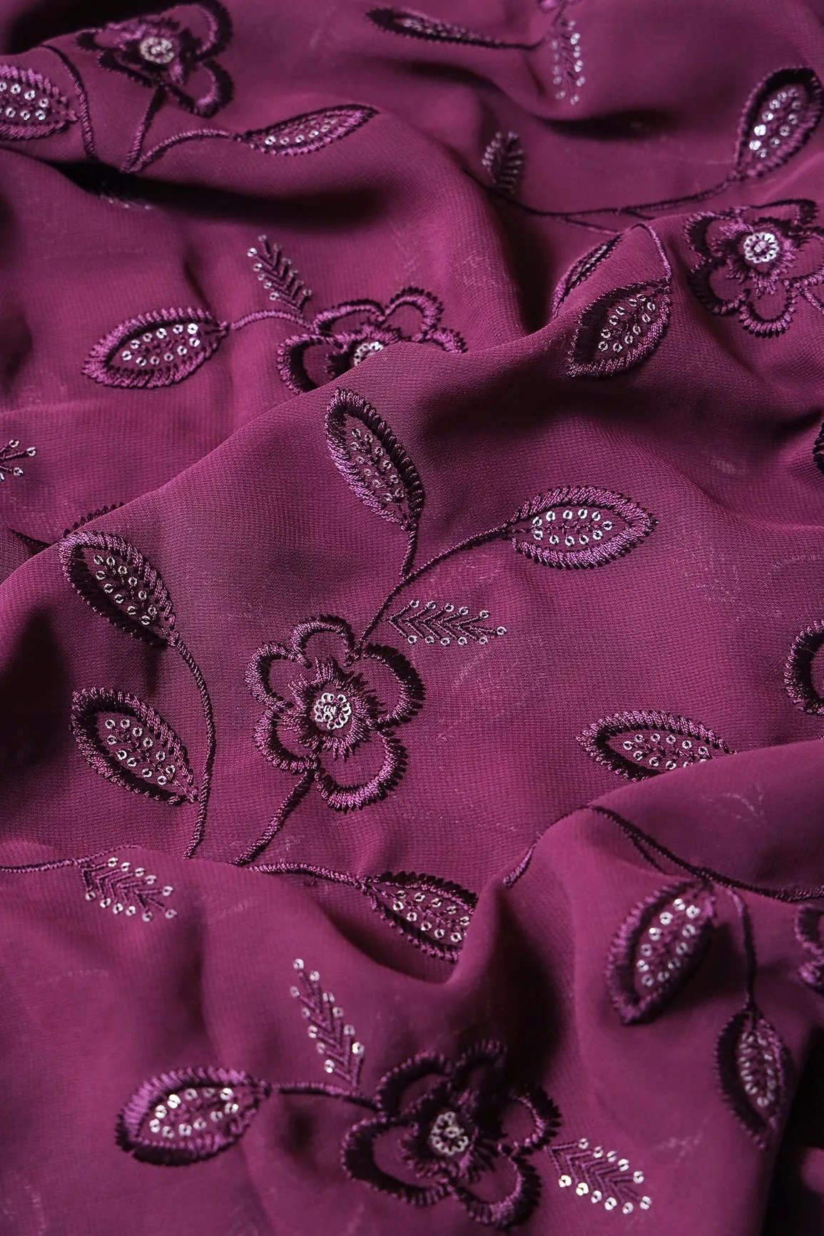 2 Meter Cut Piece Of Wine Thread With Gold Sequins Floral Embroidery On Wine Georgette Fabric