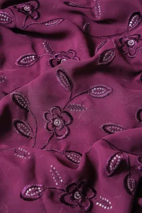 2 Meter Cut Piece Of Wine Thread With Gold Sequins Floral Embroidery On Wine Georgette Fabric