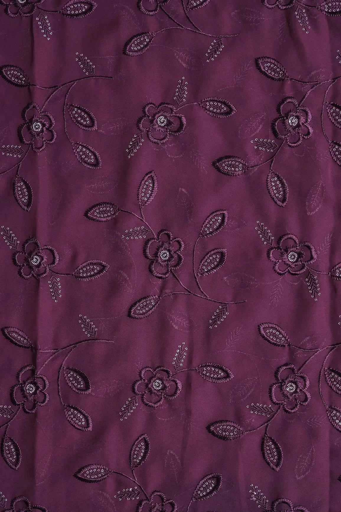 2 Meter Cut Piece Of Wine Thread With Gold Sequins Floral Embroidery On Wine Georgette Fabric