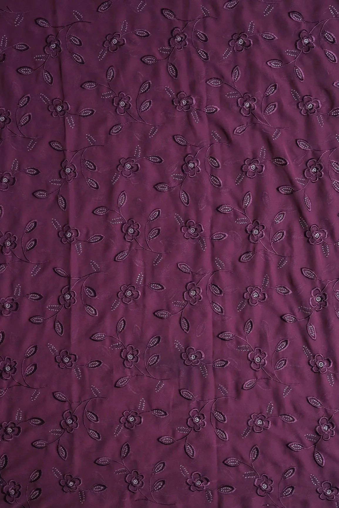 2 Meter Cut Piece Of Wine Thread With Gold Sequins Floral Embroidery On Wine Georgette Fabric