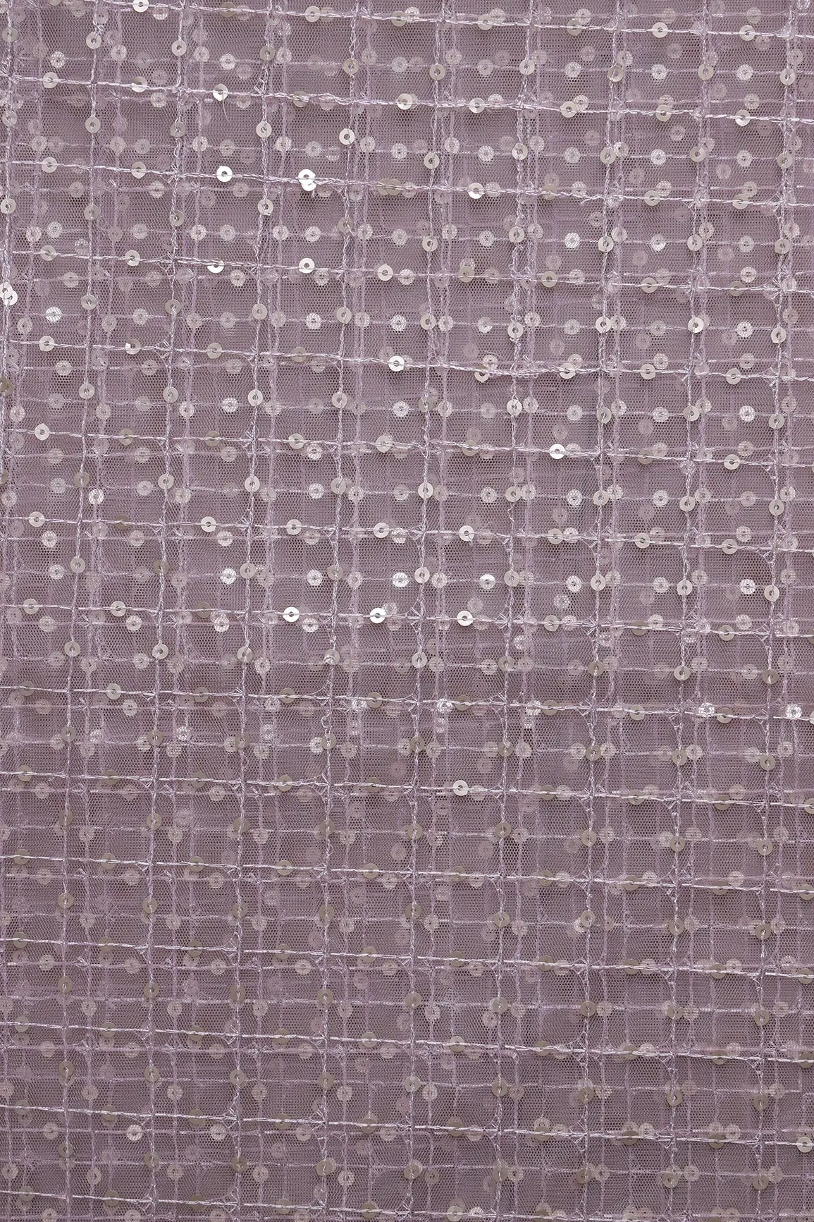 2.50 Meter Cut Piece Of Gold Matt Sequins Small Checks Embroidery Work On Mauve Soft Net Fabric