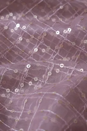 2.50 Meter Cut Piece Of Gold Matt Sequins Small Checks Embroidery Work On Mauve Soft Net Fabric