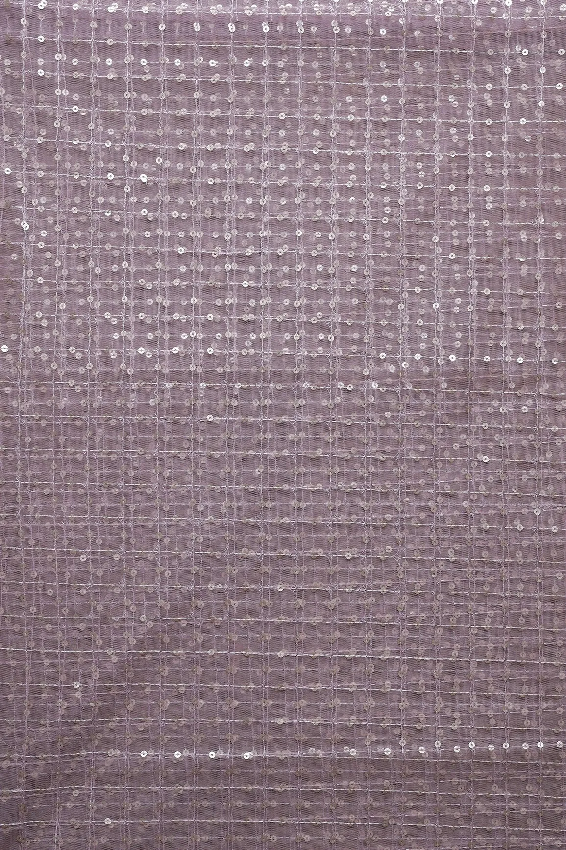 2.50 Meter Cut Piece Of Gold Matt Sequins Small Checks Embroidery Work On Mauve Soft Net Fabric