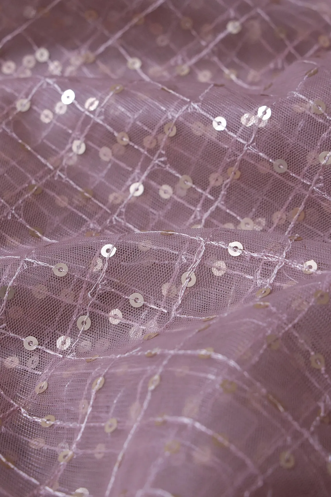 2.50 Meter Cut Piece Of Gold Matt Sequins Small Checks Embroidery Work On Mauve Soft Net Fabric