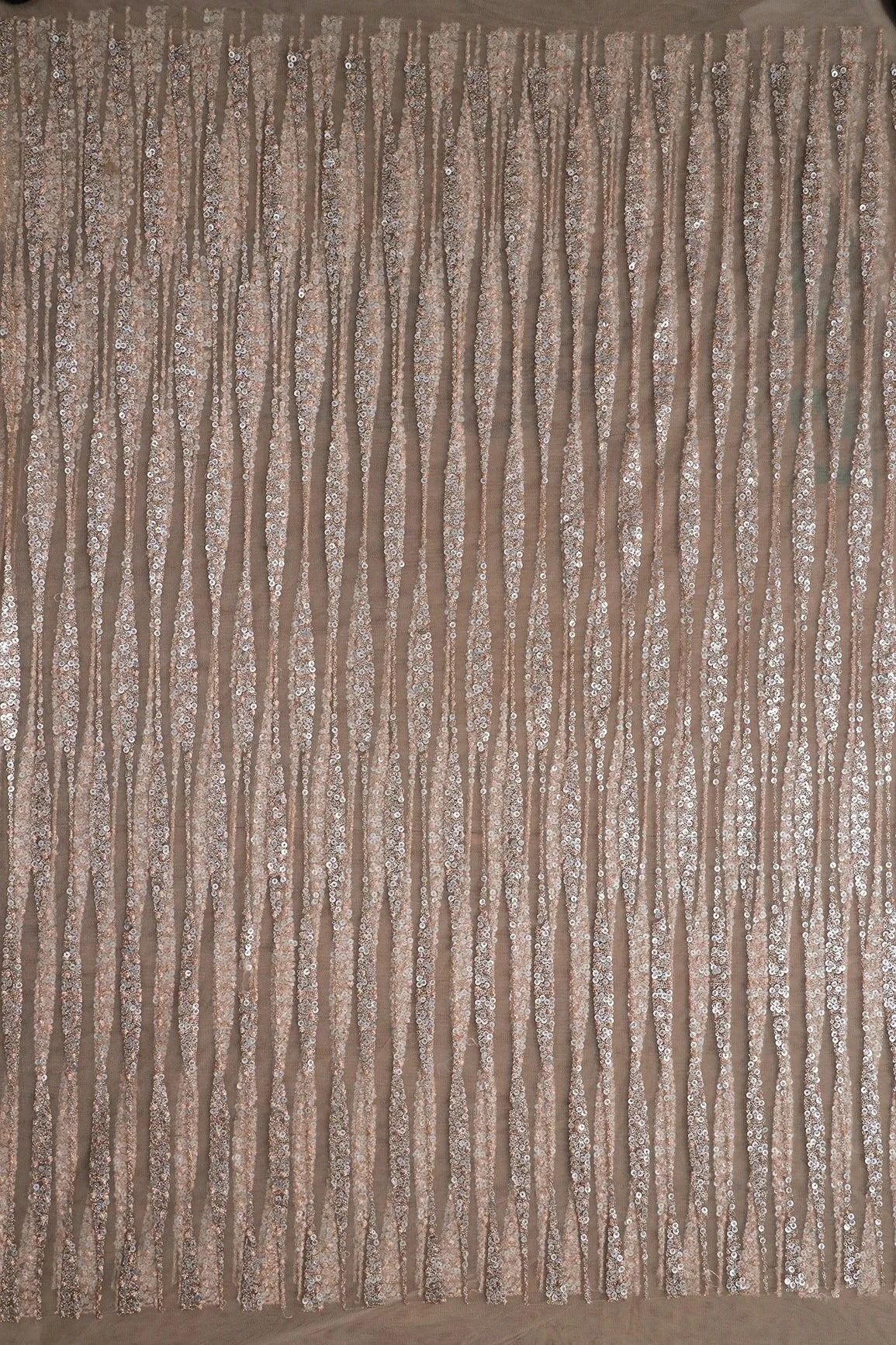 3 Meter Cut Piece Of Gold And Silver Sequins With Beige Thread Geometric Embroidery On Light Beige Soft Net Fabric