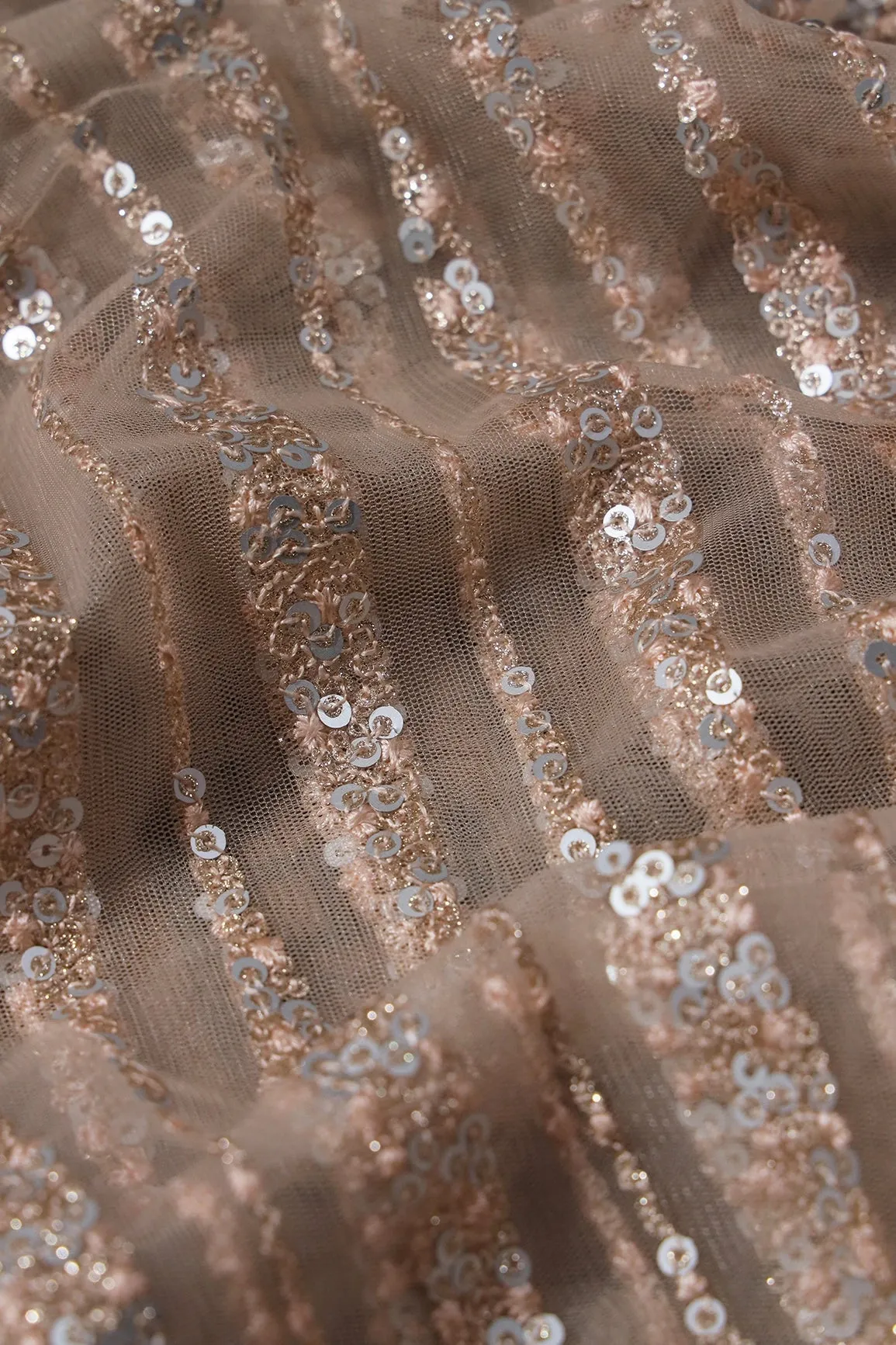 3 Meter Cut Piece Of Gold And Silver Sequins With Beige Thread Geometric Embroidery On Light Beige Soft Net Fabric