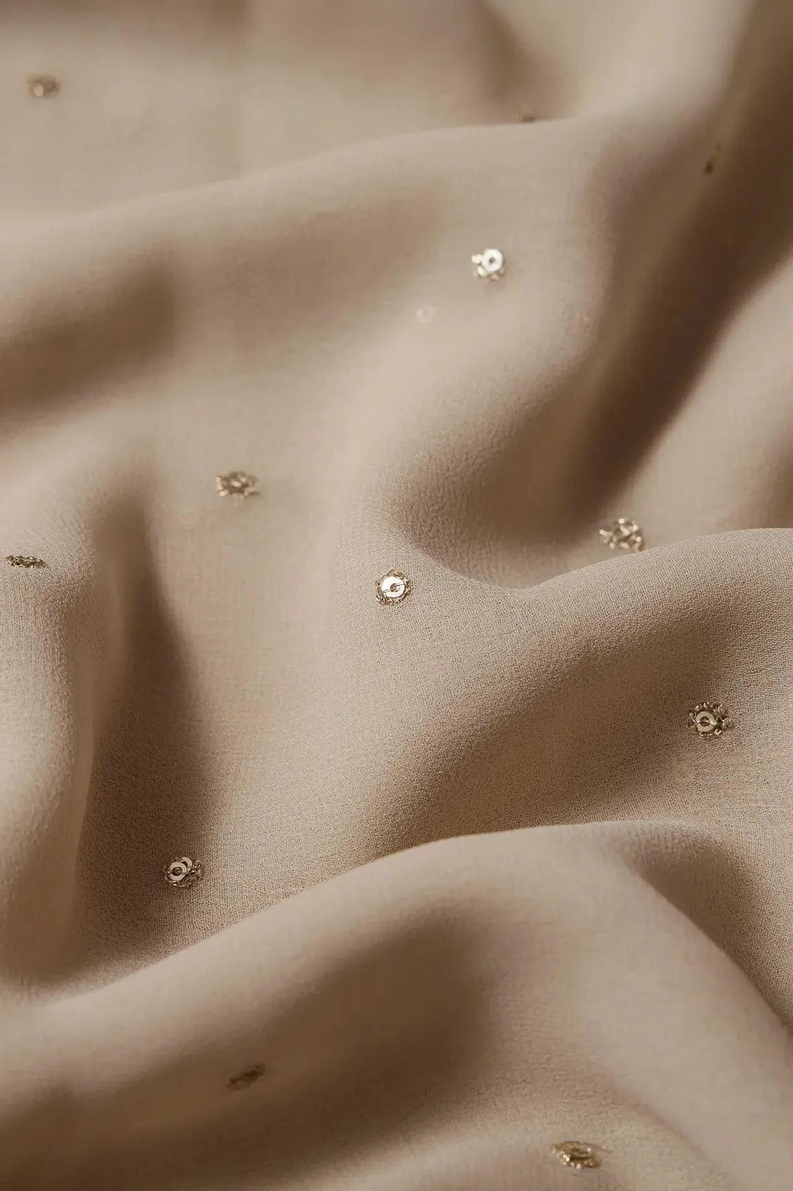 3.50 Meter Cut Piece Of Gold Sequins With Gold Zari Small Motif Embroidery Work On Light Beige Georgette Fabric
