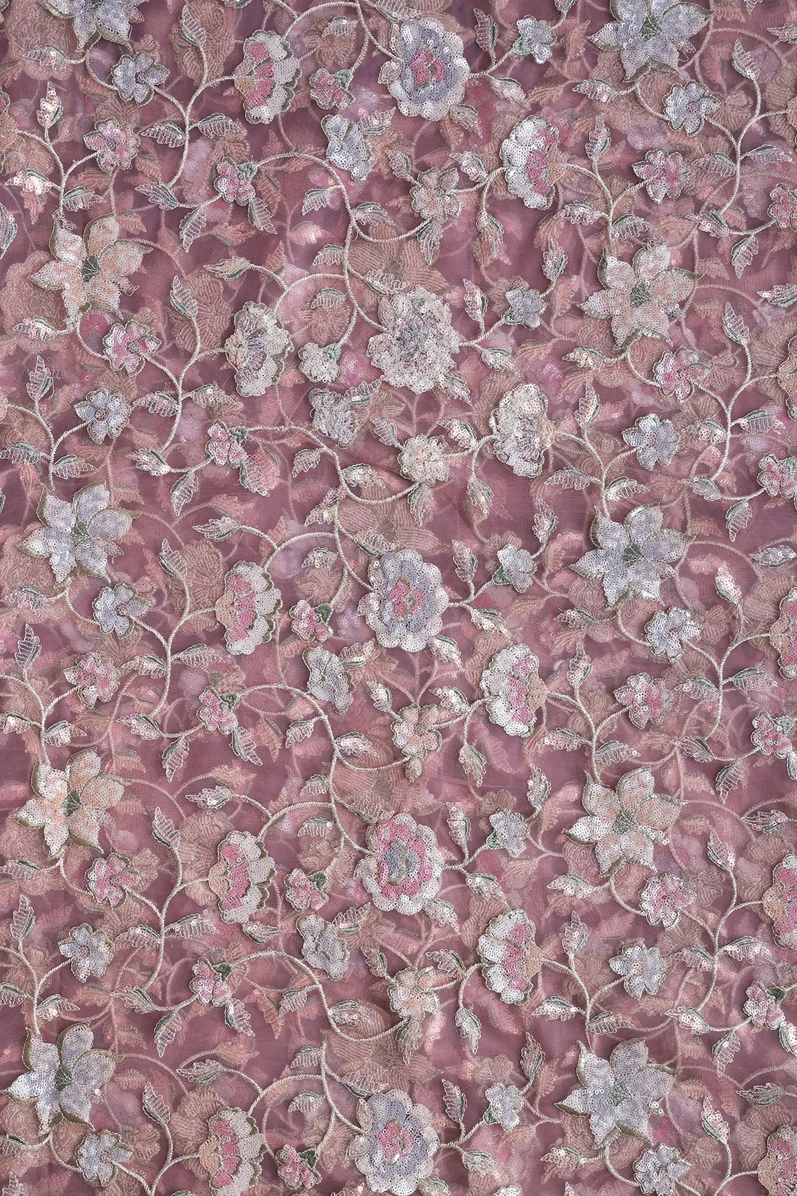 4 Meter Cut Piece Of White Thread With Multi Sequins Beautiful Floral Embroidery On Pink Soft Net Fabric
