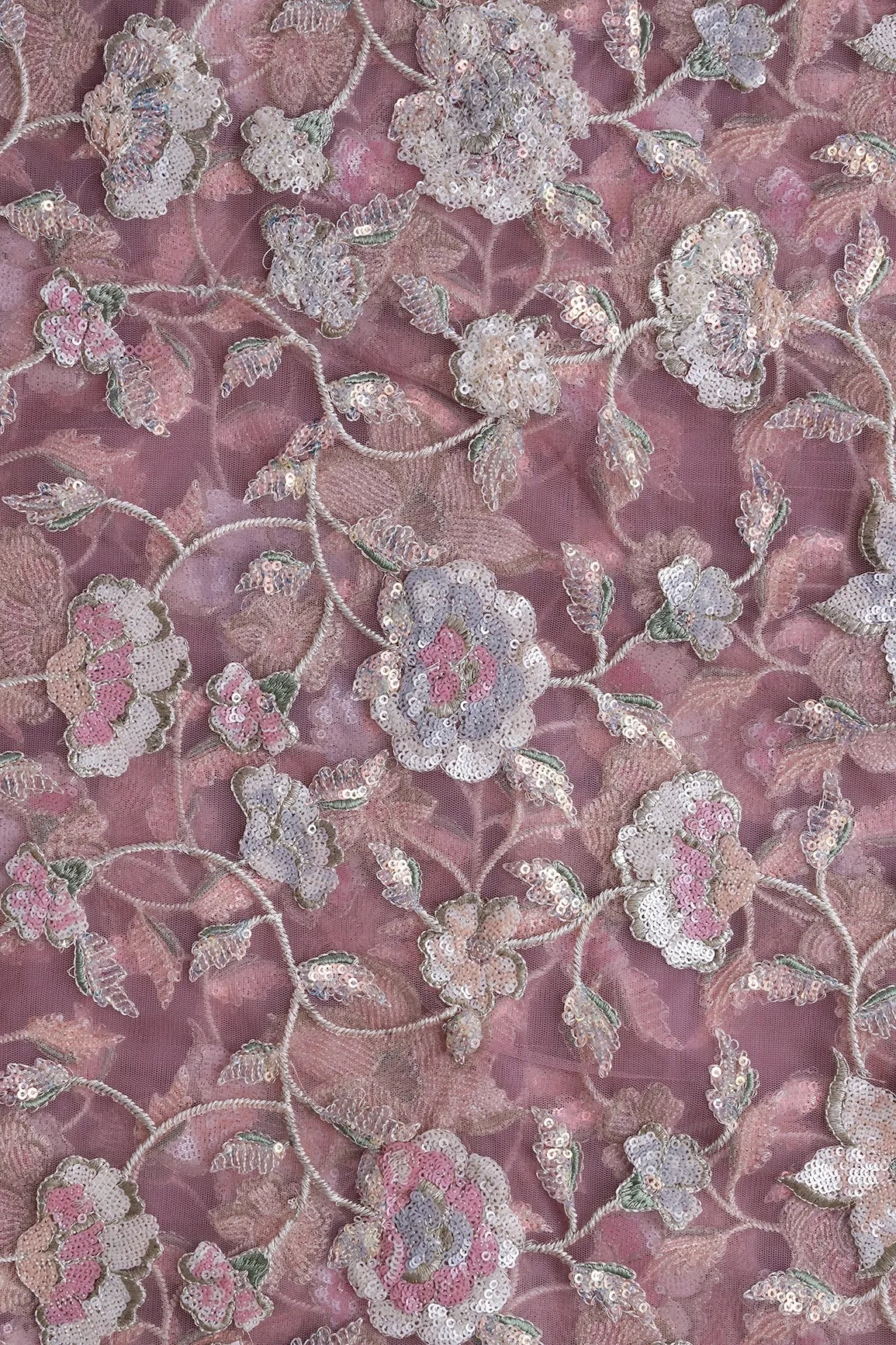 4 Meter Cut Piece Of White Thread With Multi Sequins Beautiful Floral Embroidery On Pink Soft Net Fabric