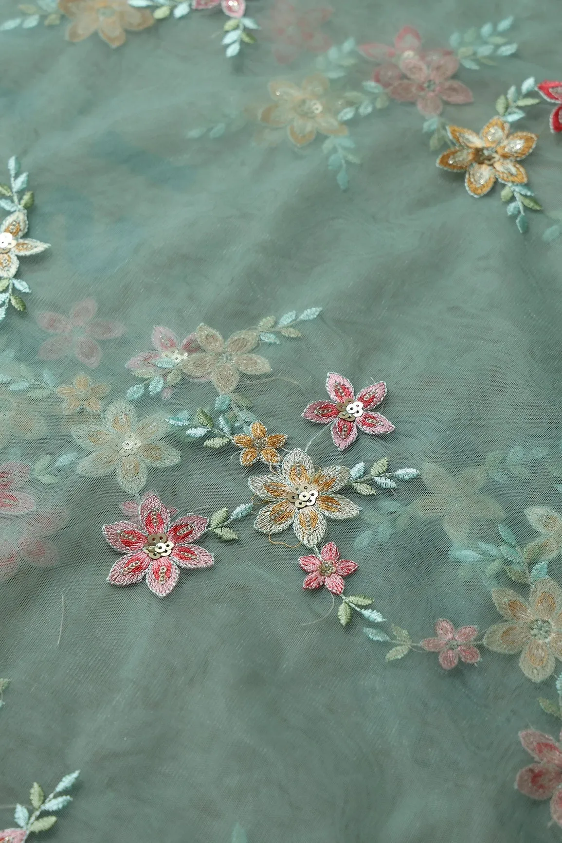 5.75 Meter Cut Piece Of Pink And Brown Thread With Gold Sequins Floral Embroidery On Olive Soft Net Fabric