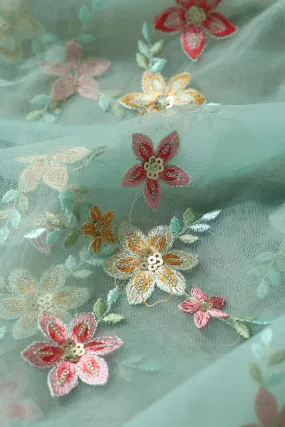 5.75 Meter Cut Piece Of Pink And Brown Thread With Gold Sequins Floral Embroidery On Olive Soft Net Fabric