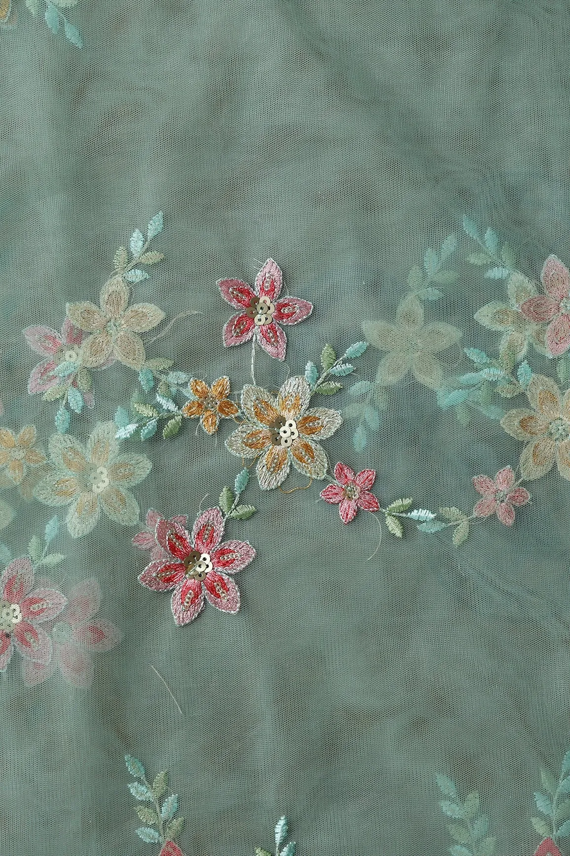 5.75 Meter Cut Piece Of Pink And Brown Thread With Gold Sequins Floral Embroidery On Olive Soft Net Fabric