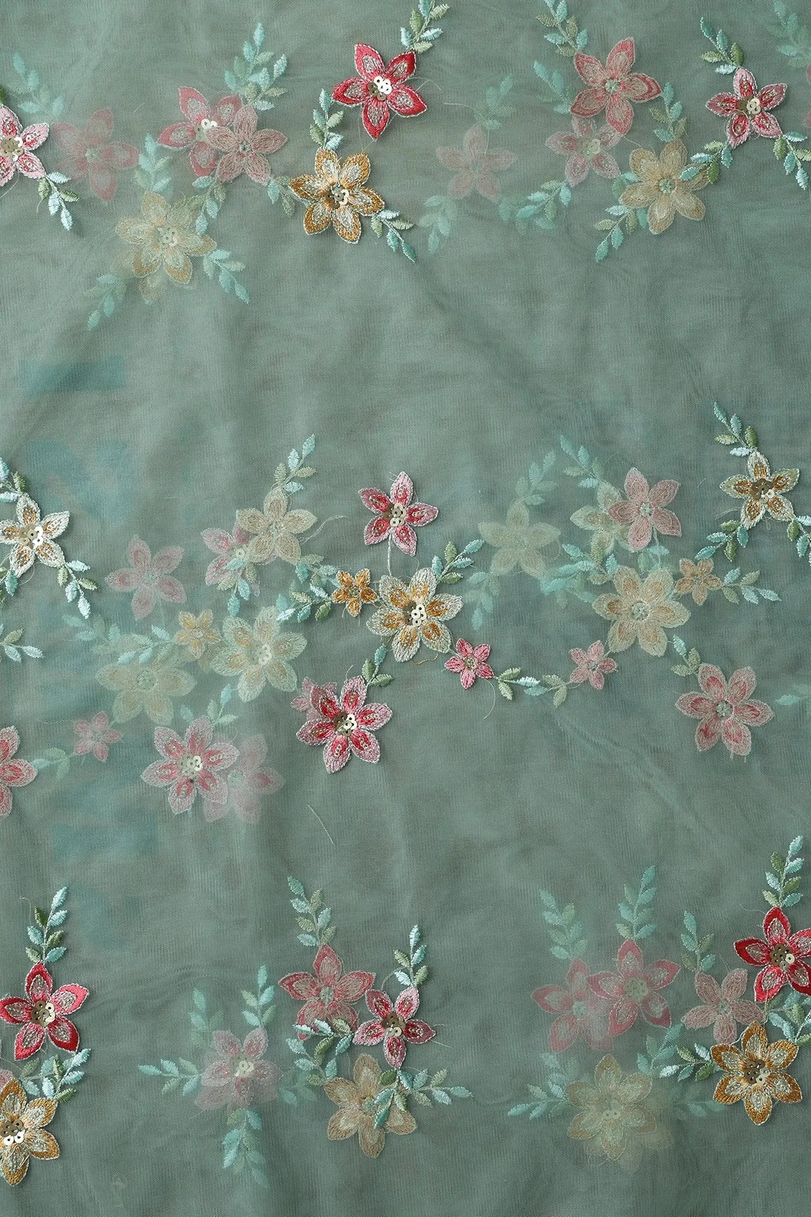 5.75 Meter Cut Piece Of Pink And Brown Thread With Gold Sequins Floral Embroidery On Olive Soft Net Fabric