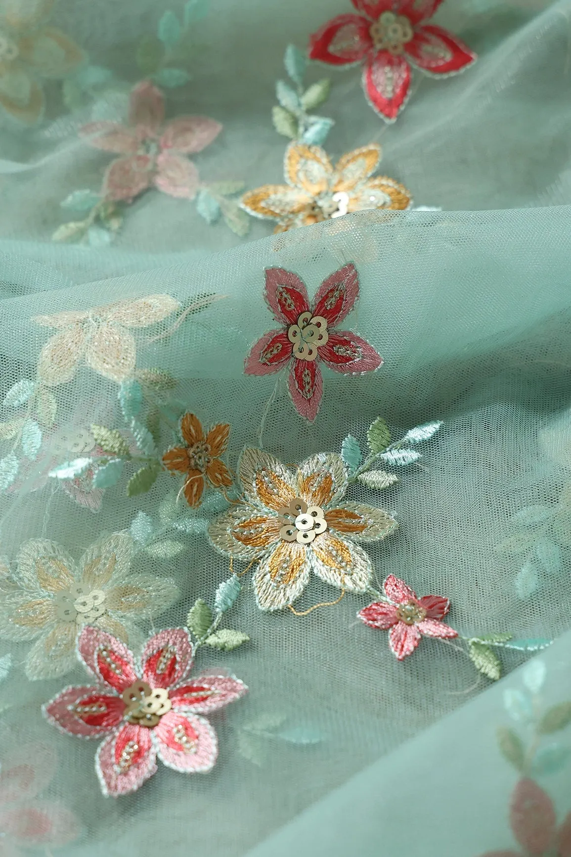 5.75 Meter Cut Piece Of Pink And Brown Thread With Gold Sequins Floral Embroidery On Olive Soft Net Fabric