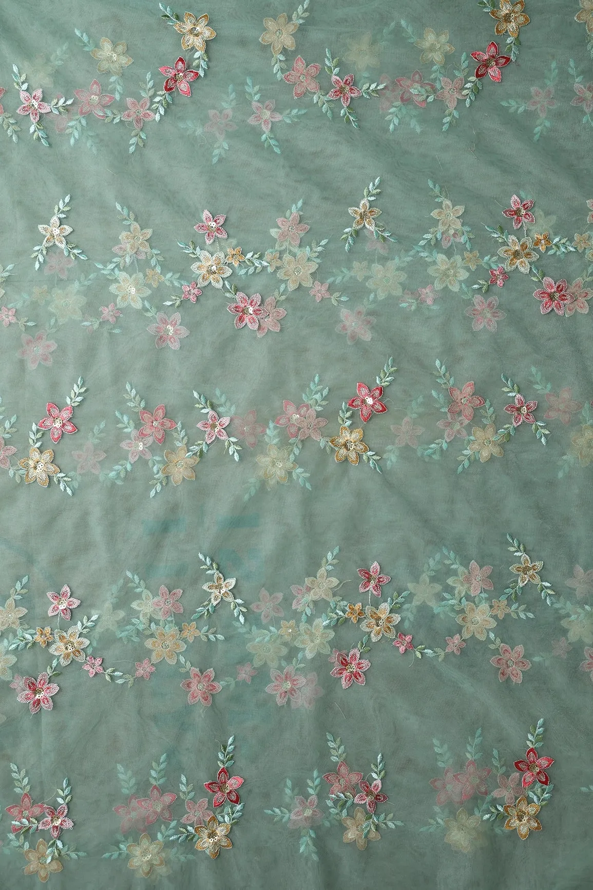 5.75 Meter Cut Piece Of Pink And Brown Thread With Gold Sequins Floral Embroidery On Olive Soft Net Fabric