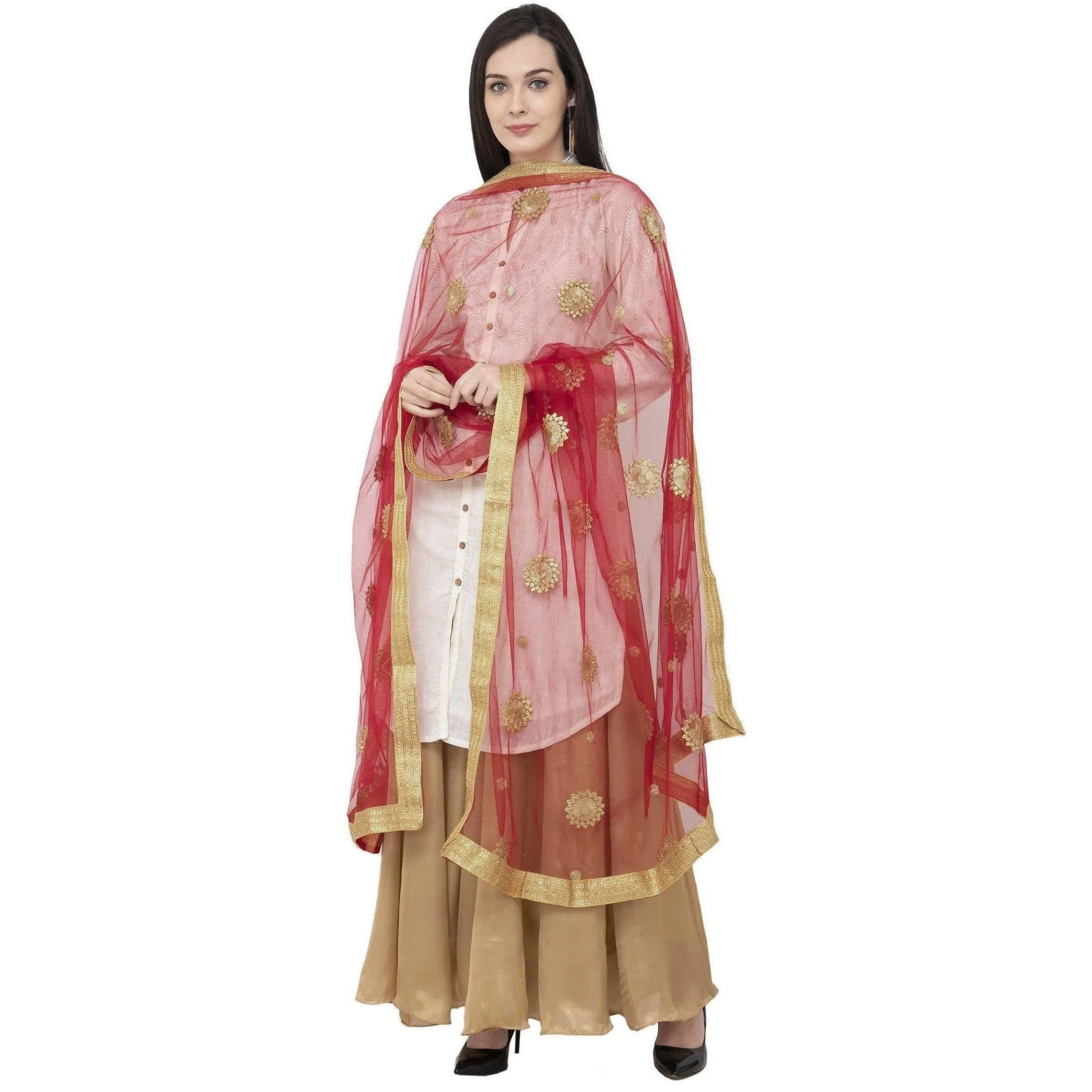 A R Silk Net Zari Flower Fancy Dupatta Mehroon Color Dupatta or Chunni