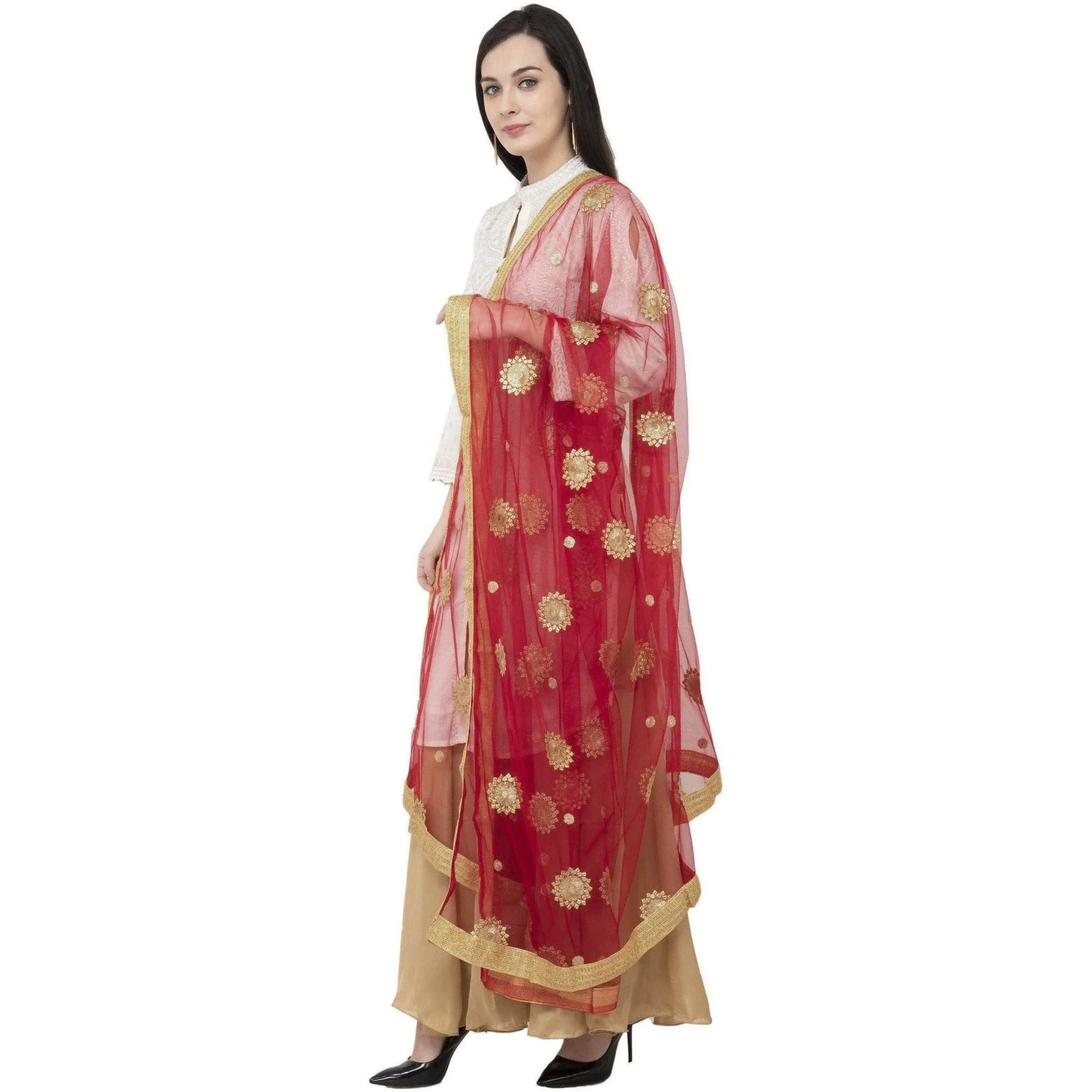 A R Silk Net Zari Flower Fancy Dupatta Mehroon Color Dupatta or Chunni