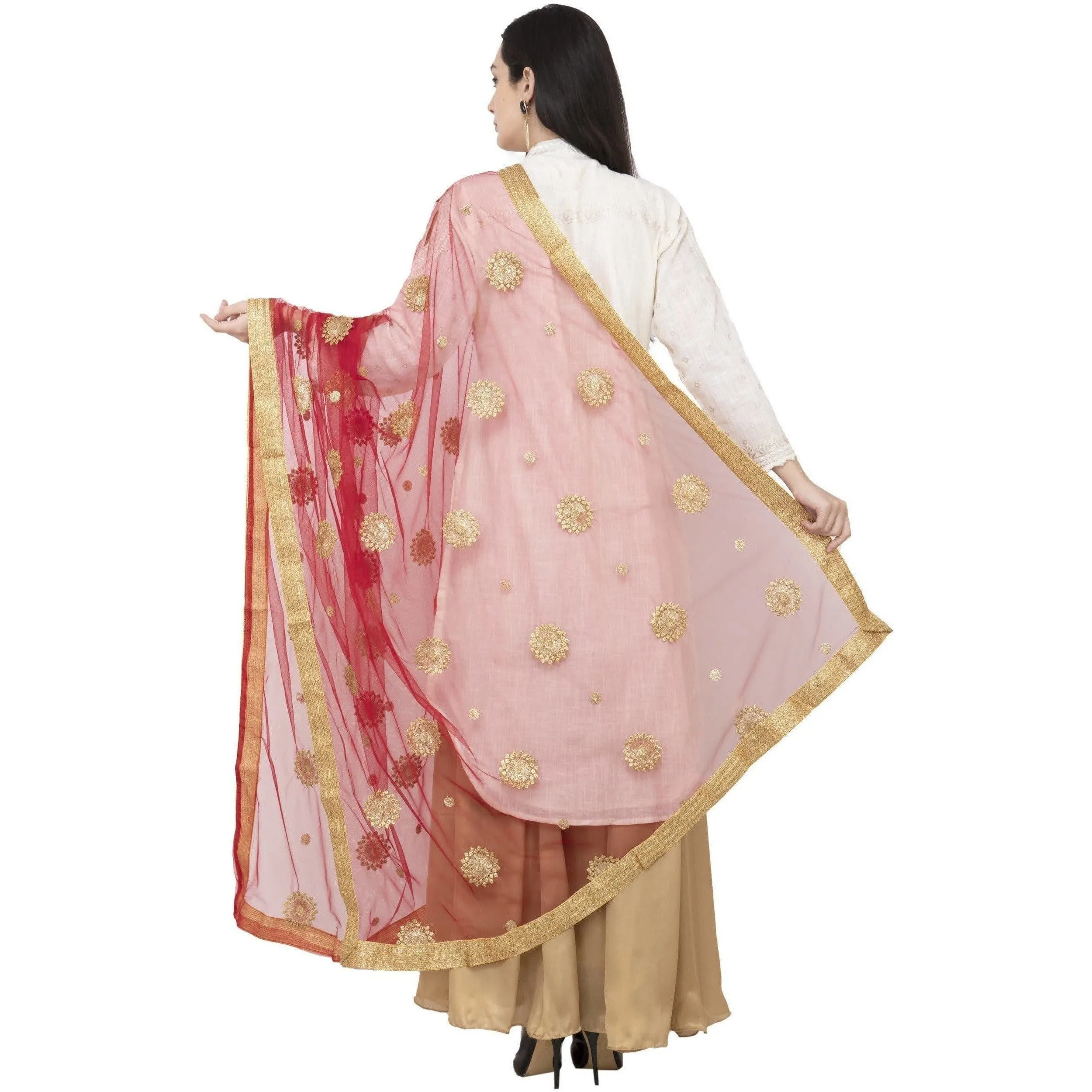 A R Silk Net Zari Flower Fancy Dupatta Mehroon Color Dupatta or Chunni