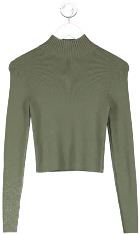 Alice   Olivia Green Senaida Cropped Lightweight Rib Mock Neck Jumper UK S/M