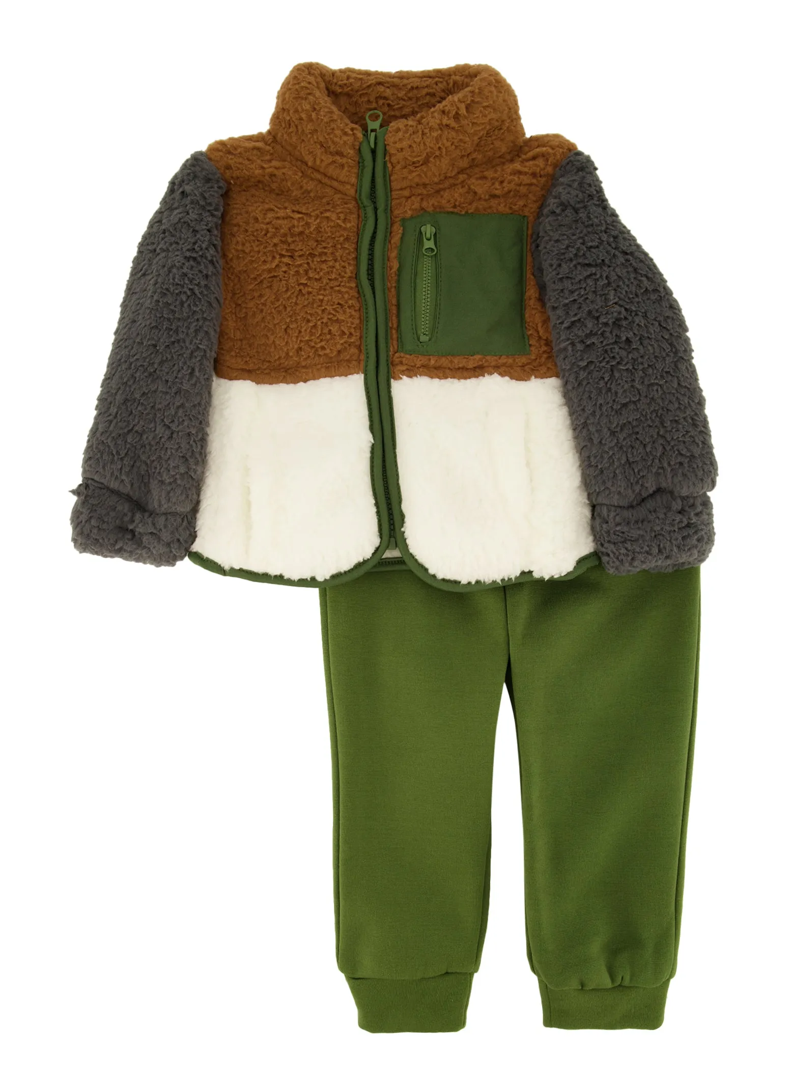 Baby Boys 12-24M Color Blocked Sherpa Teddy Jacket and Joggers Set