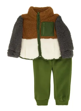 Baby Boys 12-24M Color Blocked Sherpa Teddy Jacket and Joggers Set