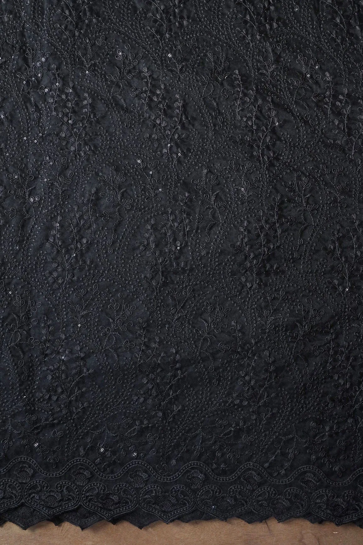 Beautiful Black Thread With Sequins Floral Embroidery Work On Black Soft Net Fabric With Border