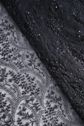 Beautiful Black Thread With Sequins Floral Embroidery Work On Black Soft Net Fabric With Border