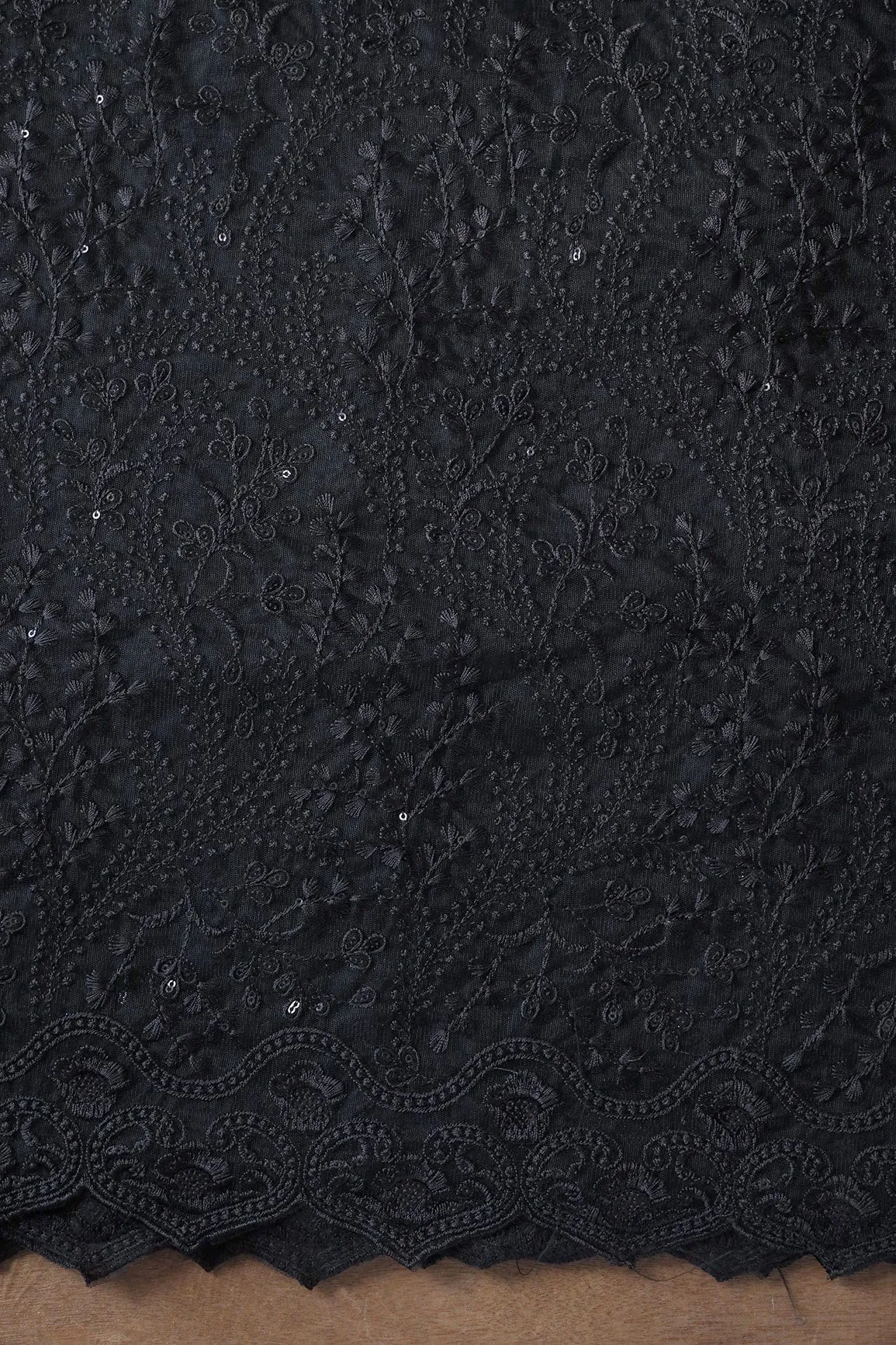 Beautiful Black Thread With Sequins Floral Embroidery Work On Black Soft Net Fabric With Border