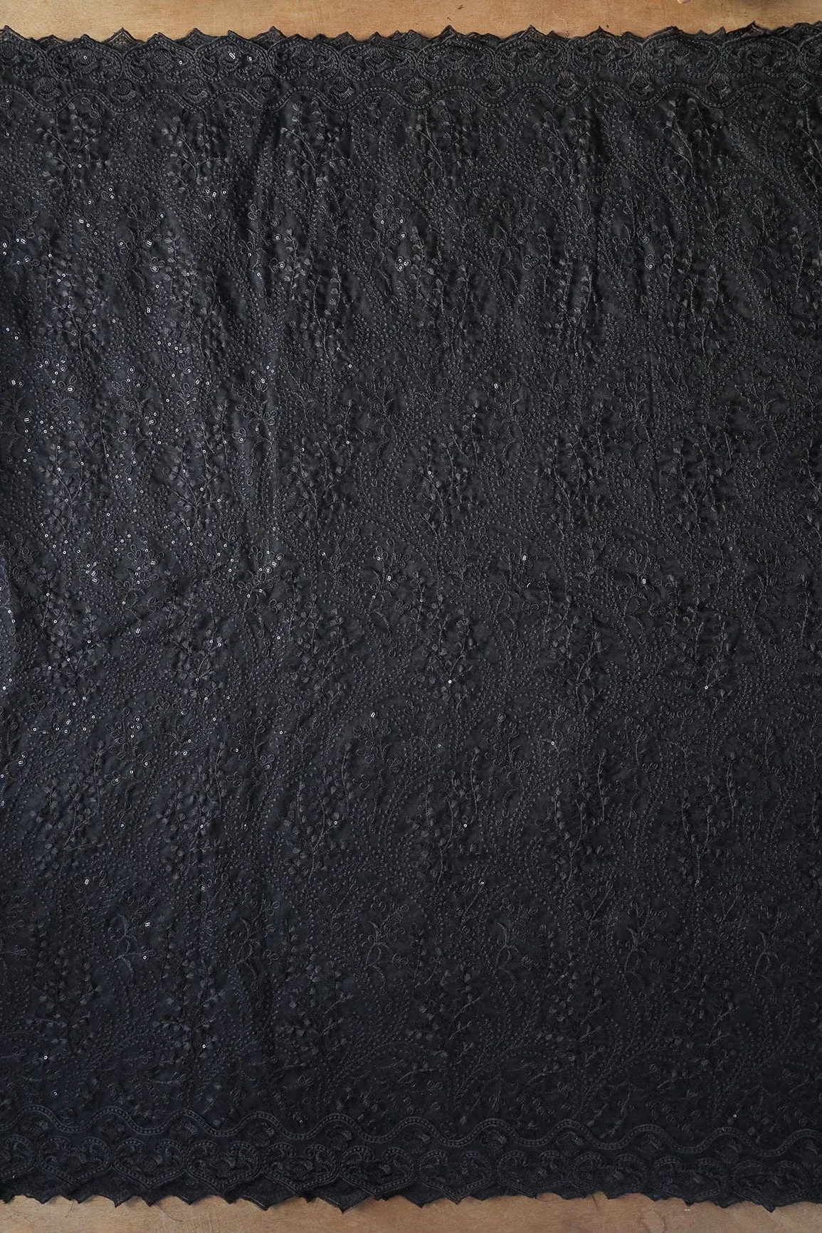 Beautiful Black Thread With Sequins Floral Embroidery Work On Black Soft Net Fabric With Border