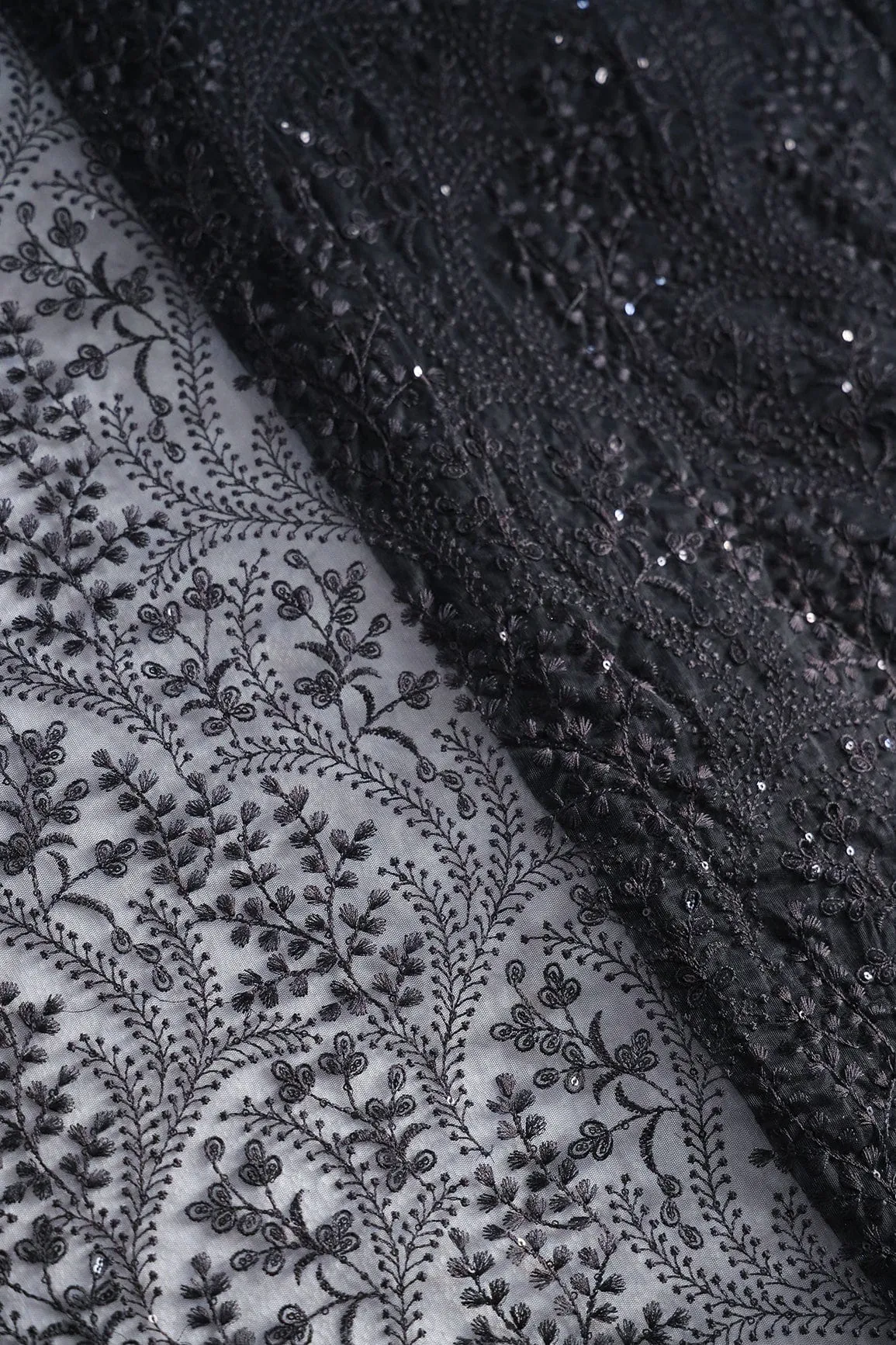 Beautiful Black Thread With Sequins Floral Embroidery Work On Black Soft Net Fabric With Border