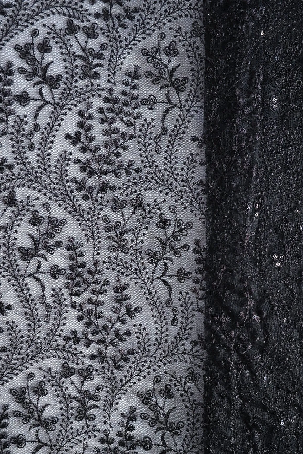 Beautiful Black Thread With Sequins Floral Embroidery Work On Black Soft Net Fabric With Border
