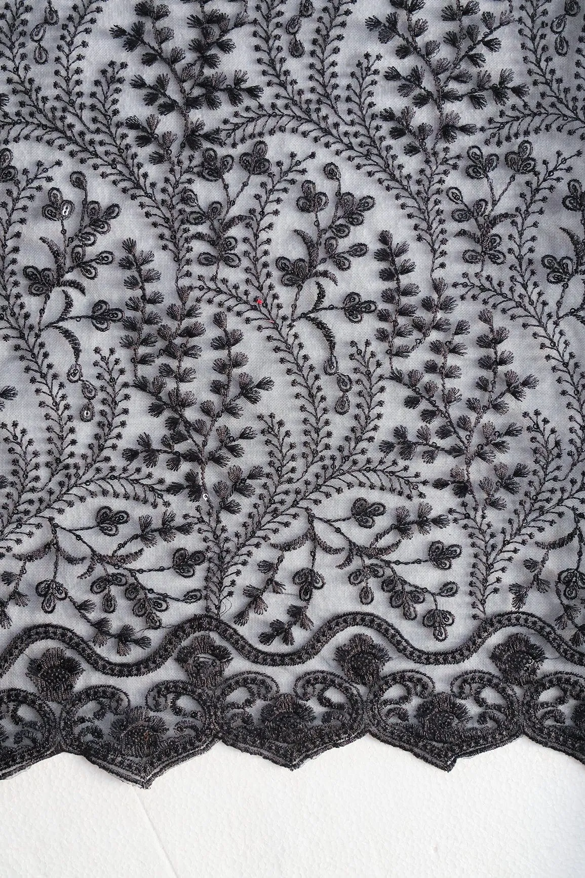 Beautiful Black Thread With Sequins Floral Embroidery Work On Black Soft Net Fabric With Border