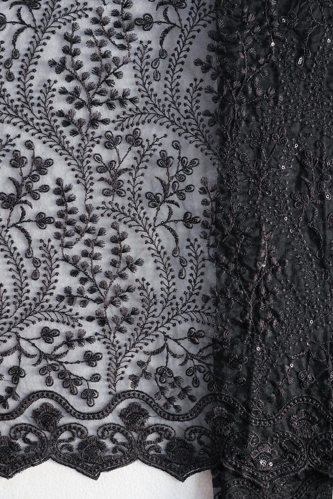 Beautiful Black Thread With Sequins Floral Embroidery Work On Black Soft Net Fabric With Border