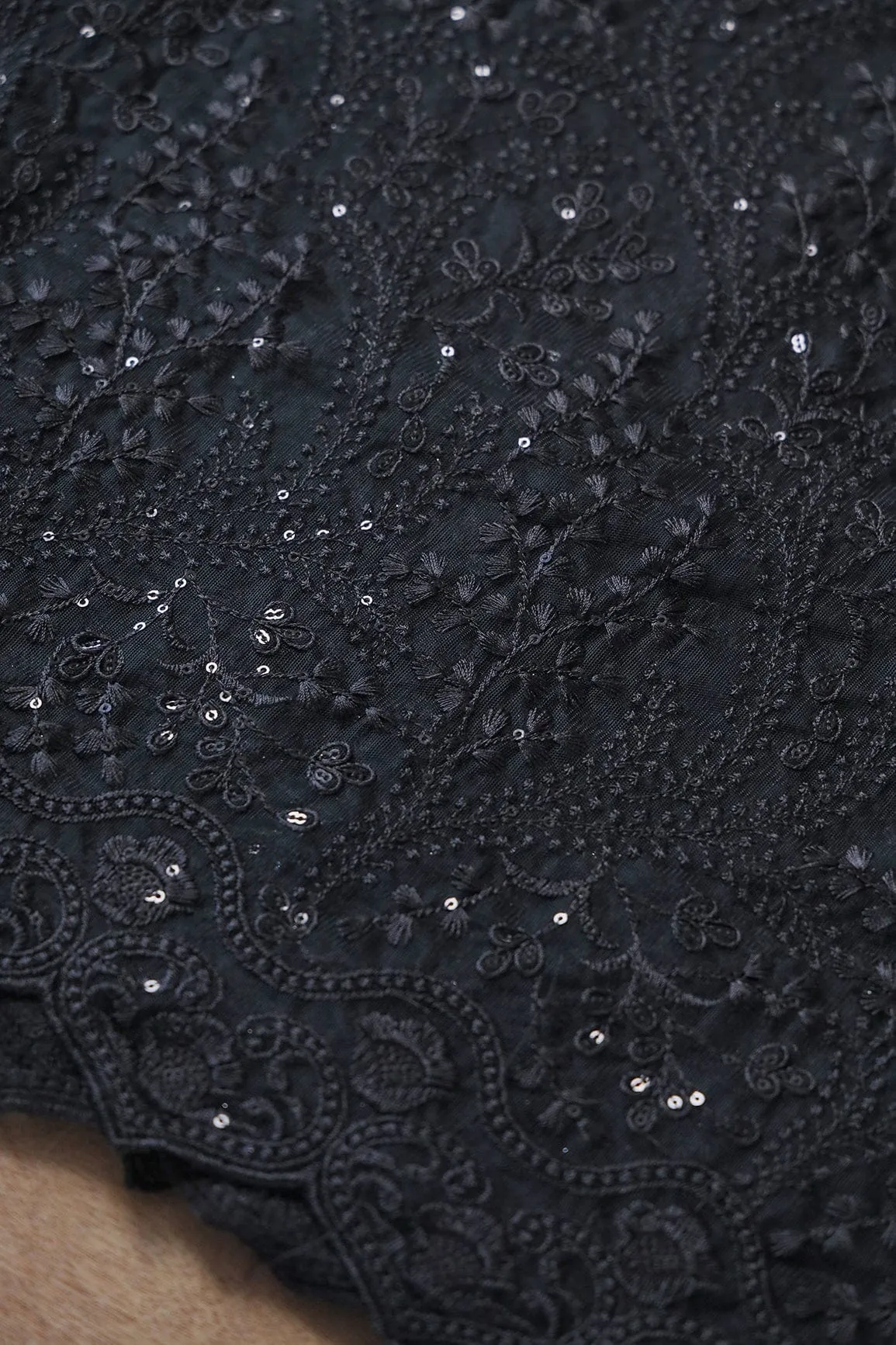 Beautiful Black Thread With Sequins Floral Embroidery Work On Black Soft Net Fabric With Border