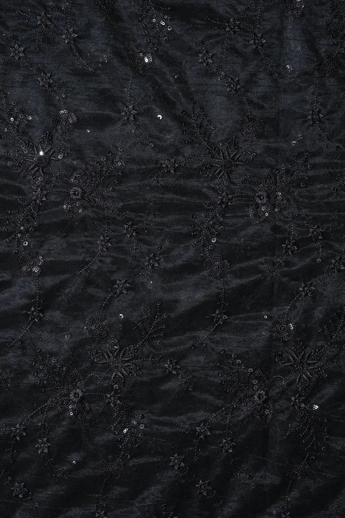 Beautiful Black Thread With Sequins Floral Embroidery Work On Black Soft Net Fabric