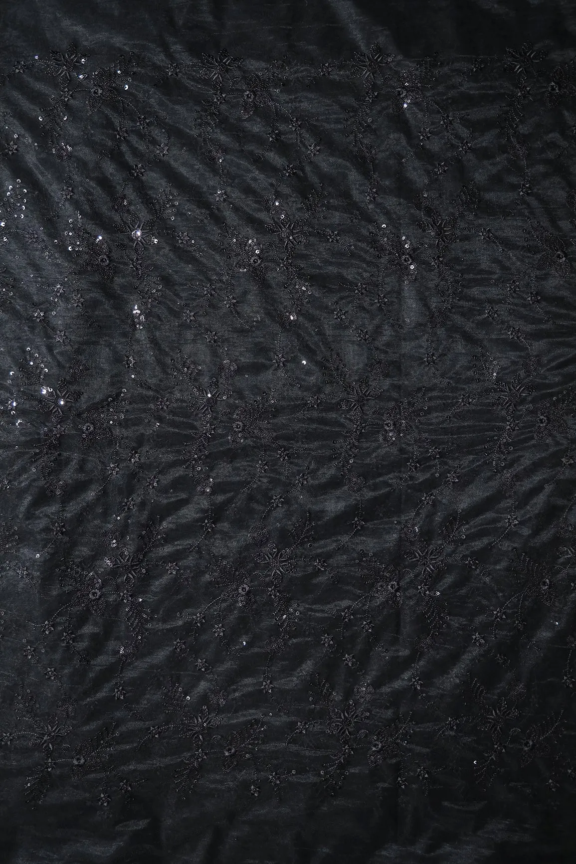 Beautiful Black Thread With Sequins Floral Embroidery Work On Black Soft Net Fabric