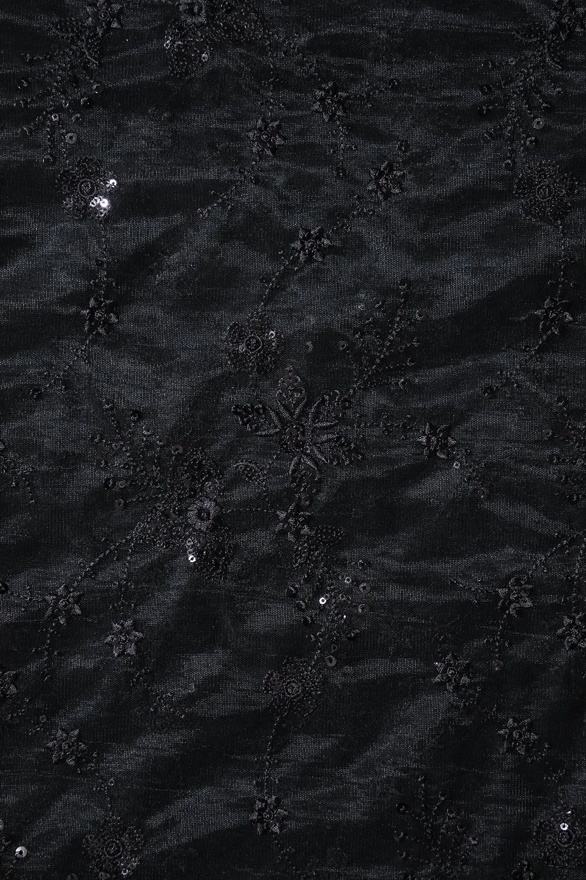 Beautiful Black Thread With Sequins Floral Embroidery Work On Black Soft Net Fabric