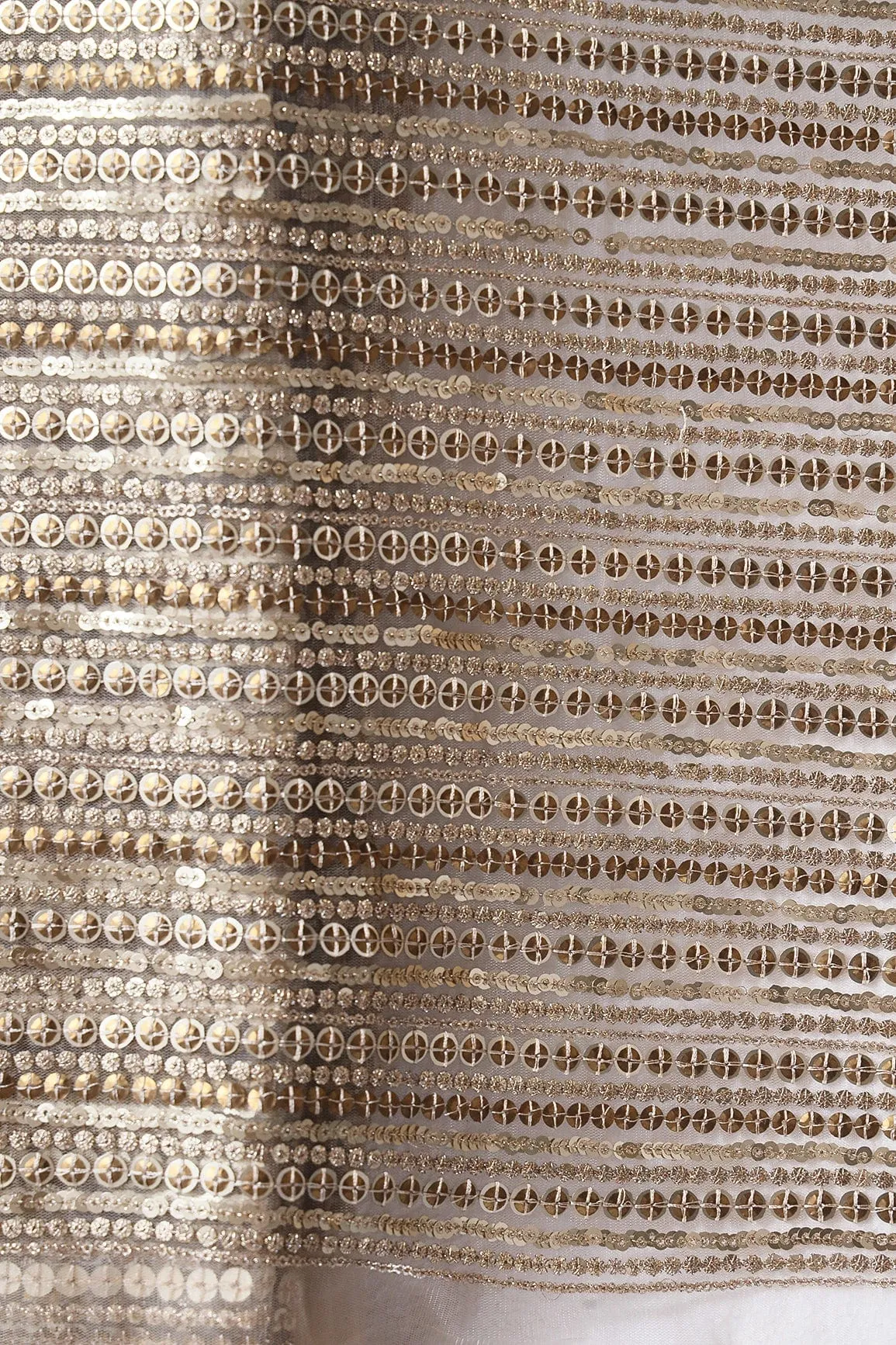 Beautiful Heavy Sequins With Zari Stripes Embroidery On Beige Soft Net Fabric