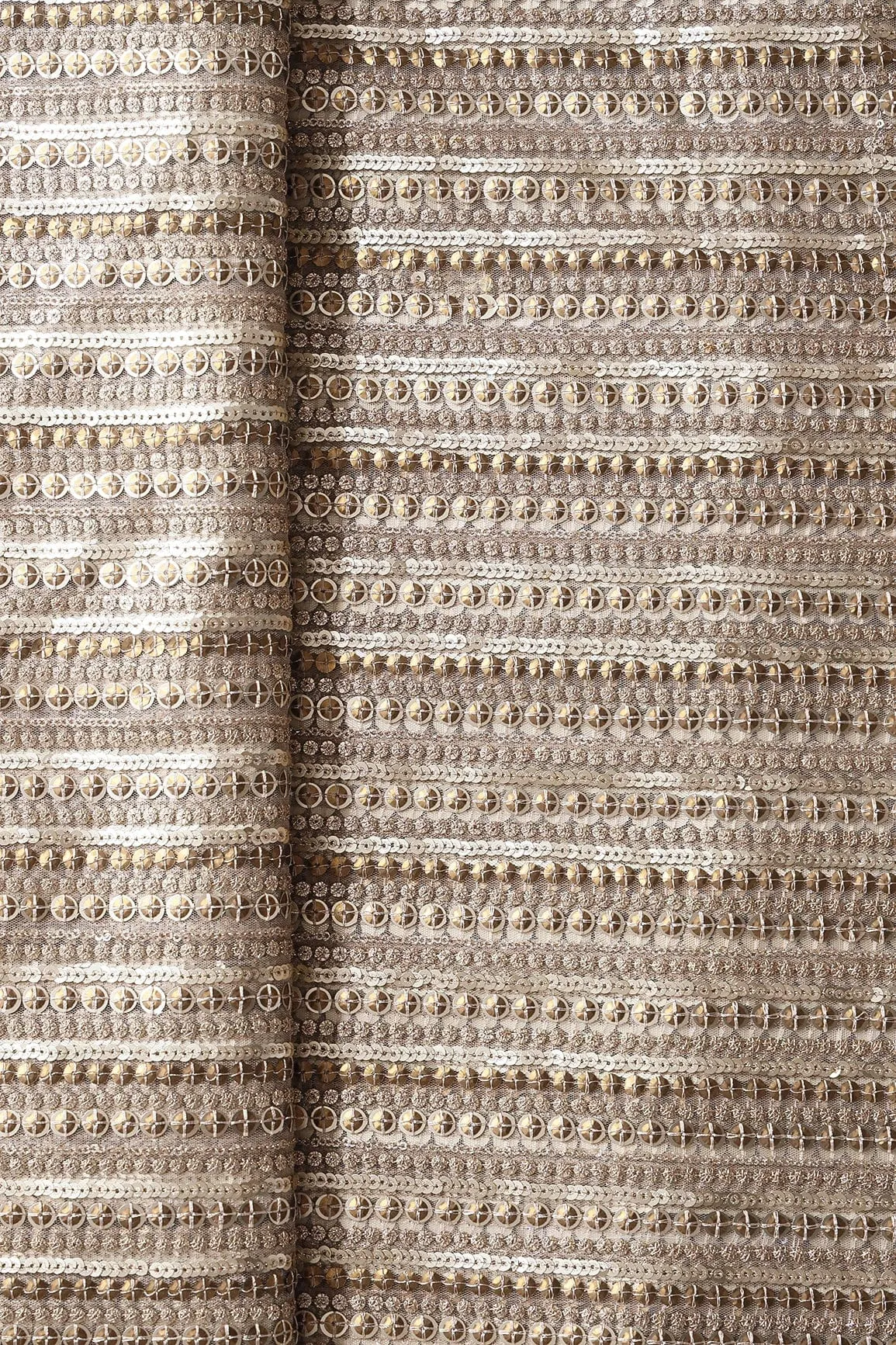 Beautiful Heavy Sequins With Zari Stripes Embroidery On Beige Soft Net Fabric