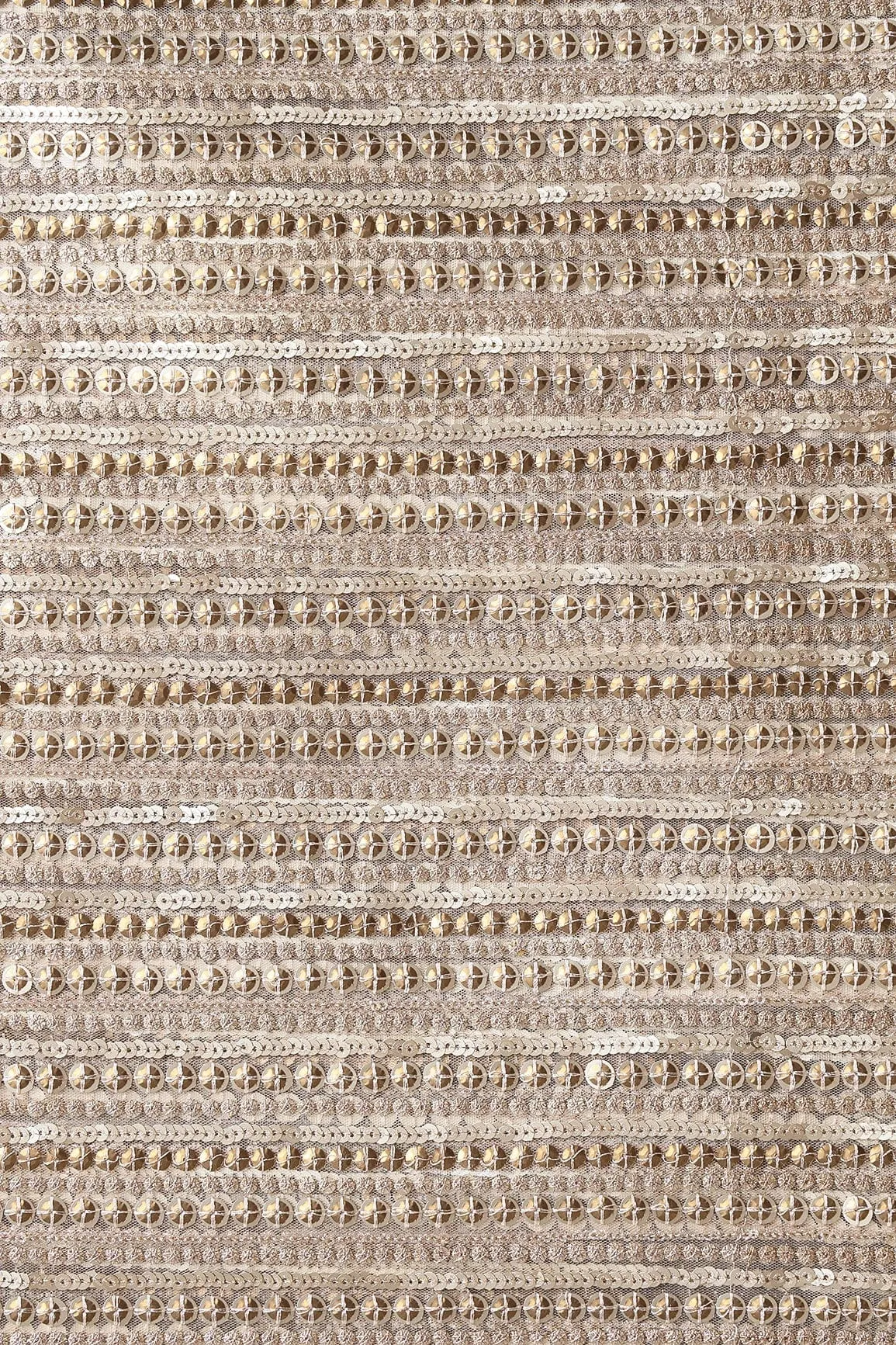 Beautiful Heavy Sequins With Zari Stripes Embroidery On Beige Soft Net Fabric