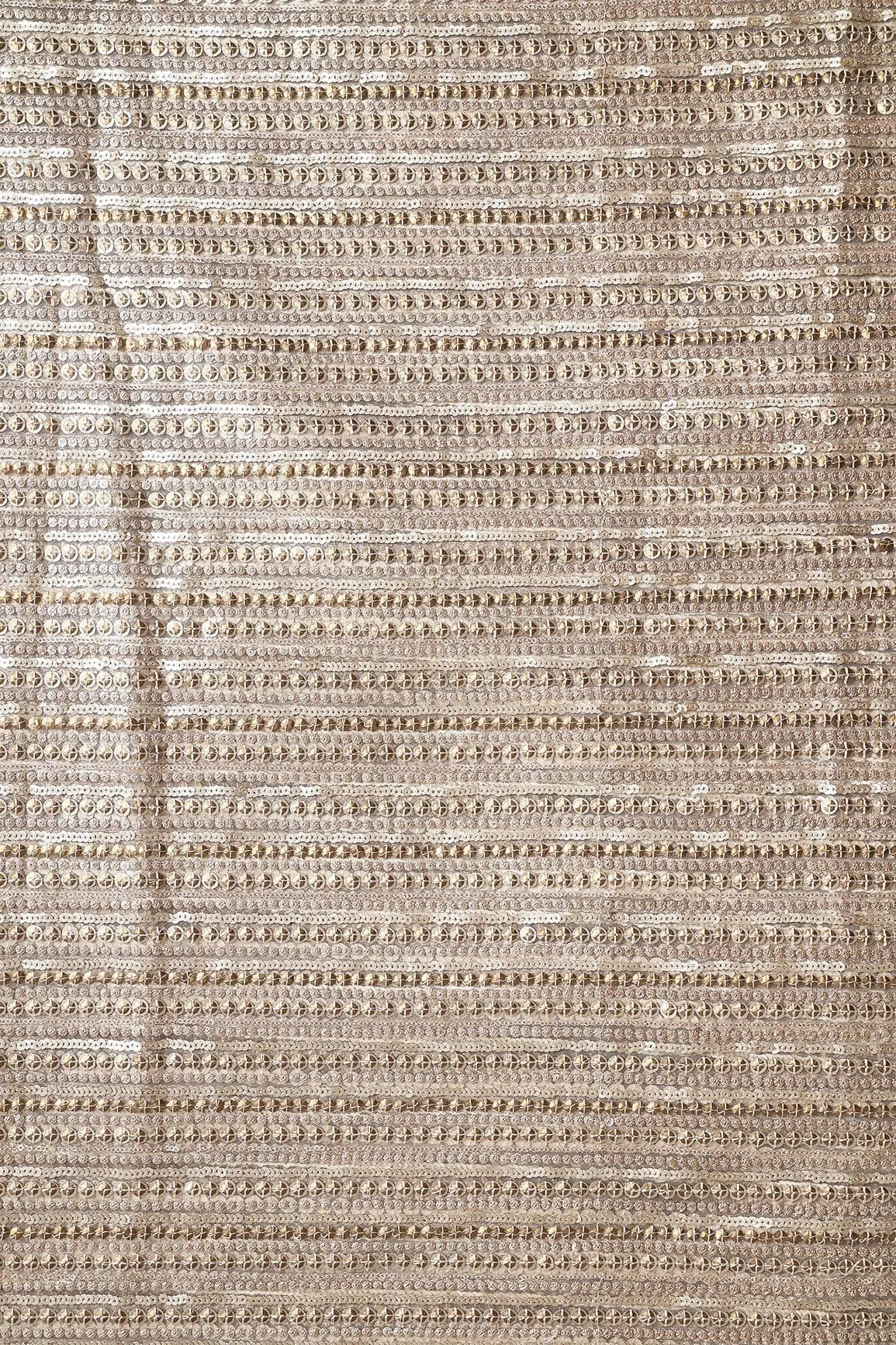 Beautiful Heavy Sequins With Zari Stripes Embroidery On Beige Soft Net Fabric