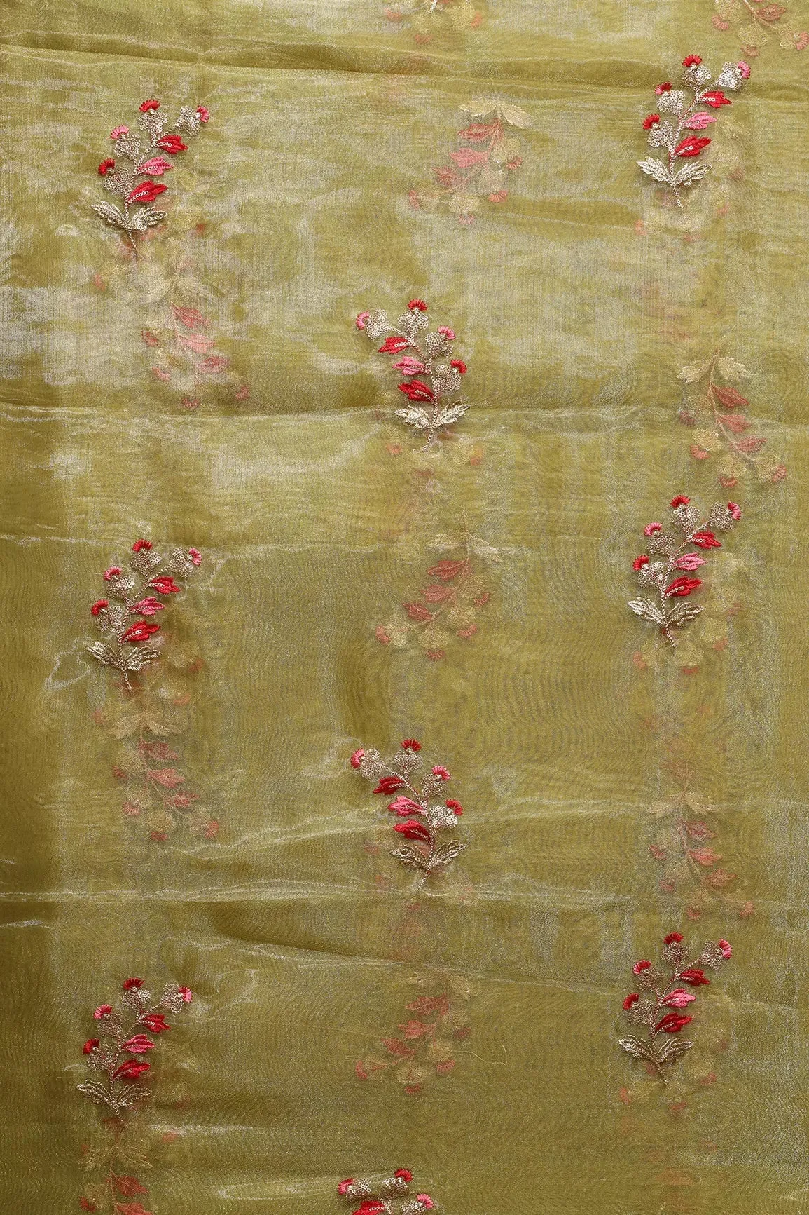 Beautiful Multi Color Leafy Embroidery Work On Mehendi Green Tissue Fabric