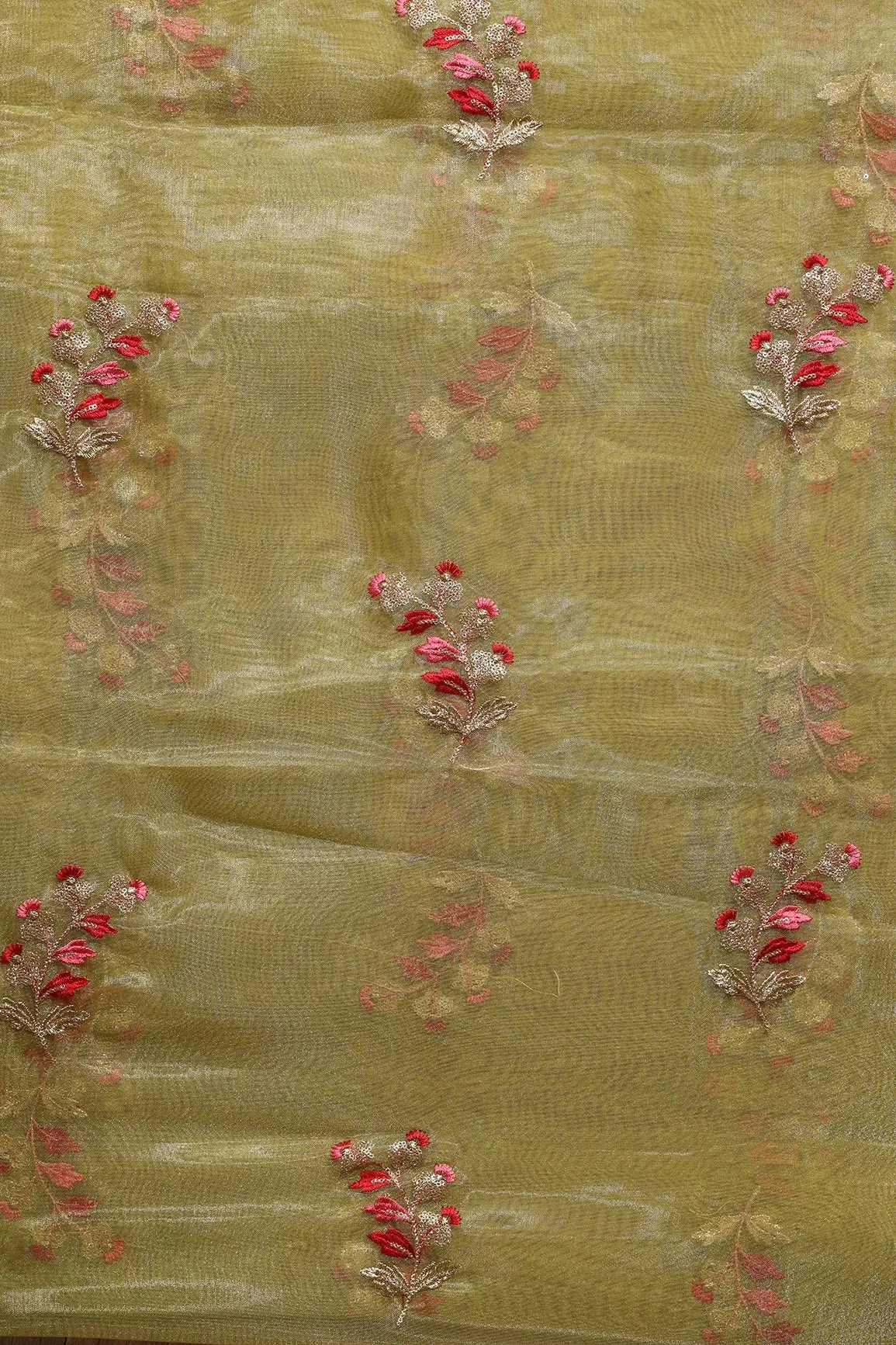 Beautiful Multi Color Leafy Embroidery Work On Mehendi Green Tissue Fabric