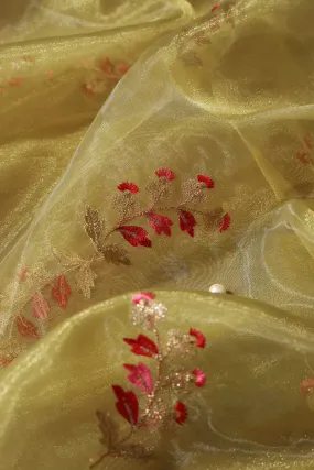 Beautiful Multi Color Leafy Embroidery Work On Mehendi Green Tissue Fabric