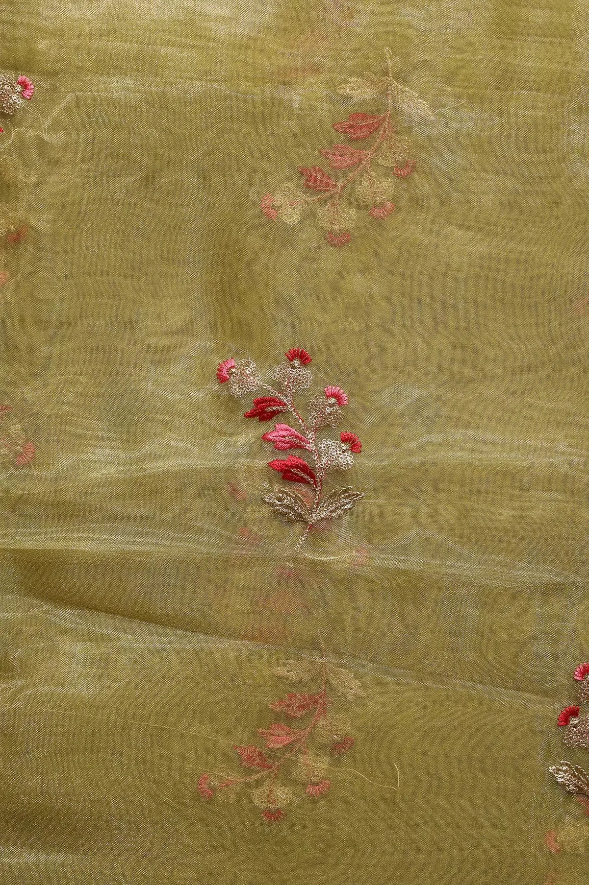 Beautiful Multi Color Leafy Embroidery Work On Mehendi Green Tissue Fabric
